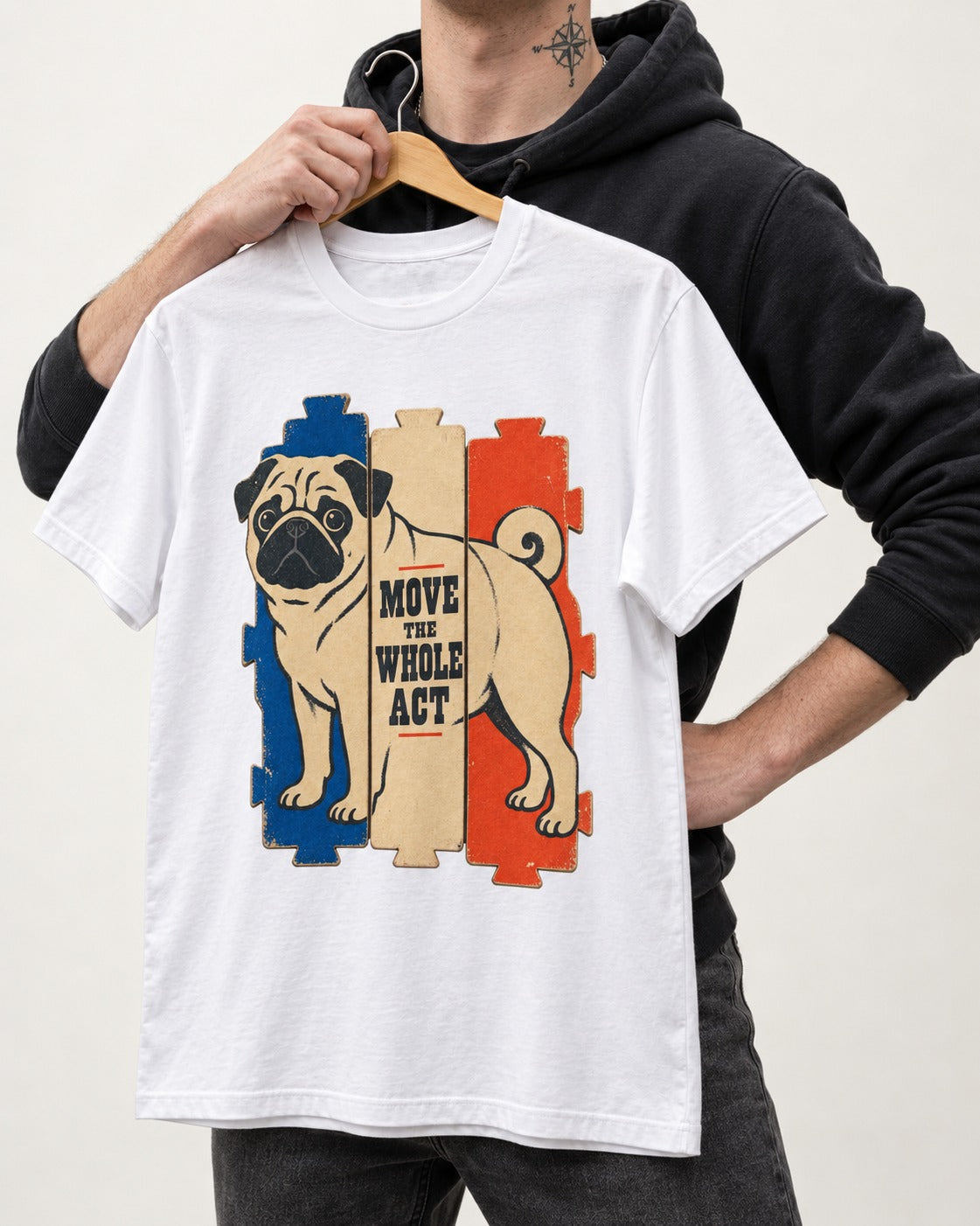 Pug Move the Whole Act Color Block Graphic T-Shirt in White, held up on a hanger