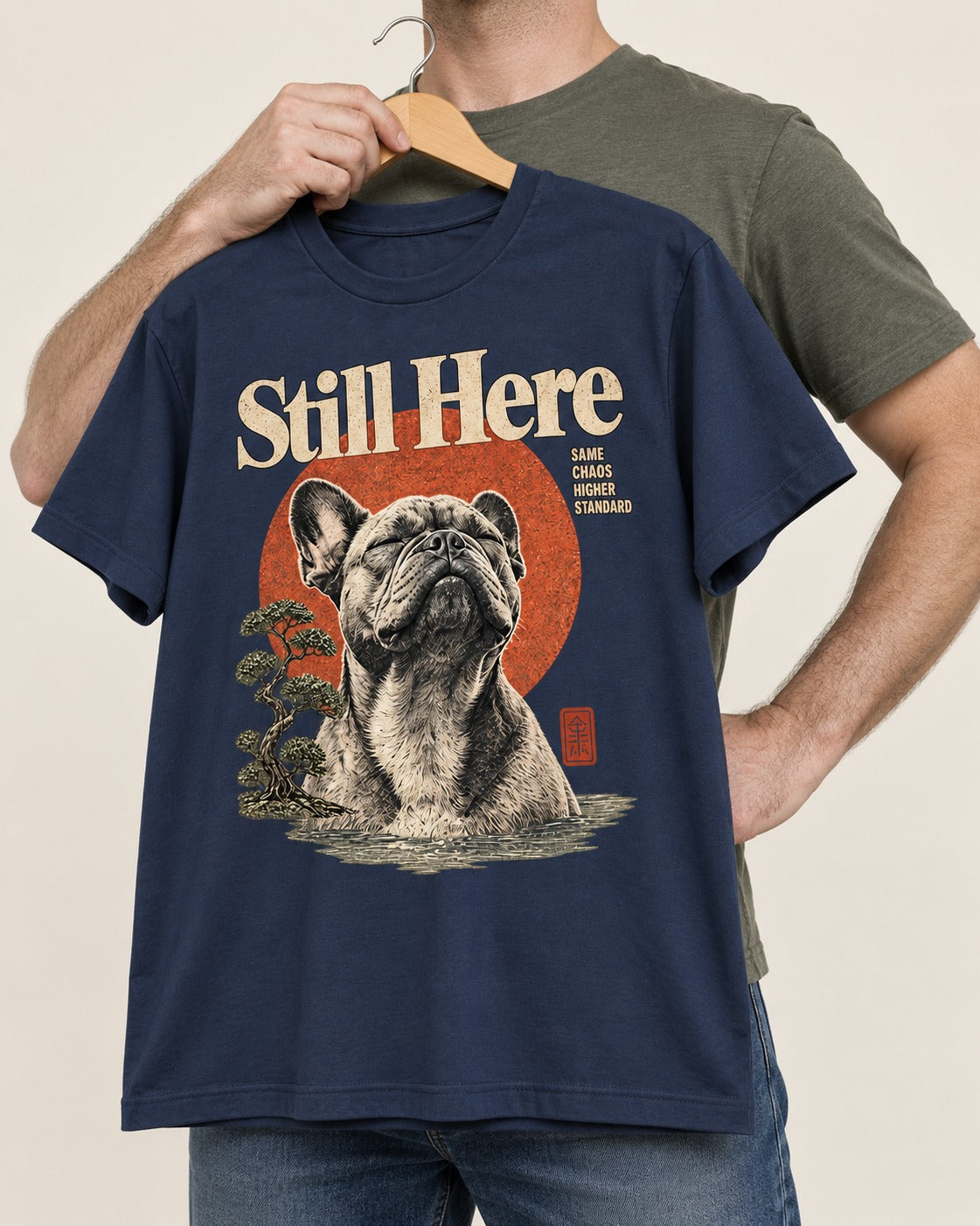 Frenchie Still Here Bonsai Portrait Graphic T-Shirt in Navy, held up on a hanger