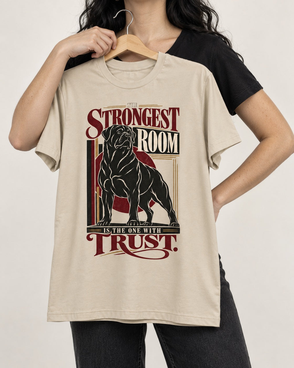 Rottweiler Trust T-Shirt in Sand, held up on a hanger