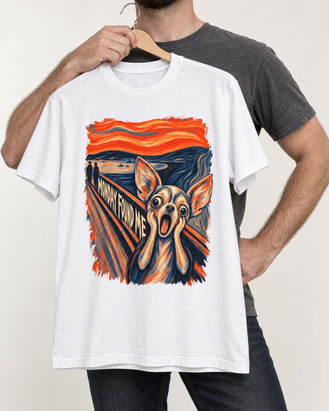 Monday Found Me Chihuahua Scream Path T-Shirt in White, held up on a hanger