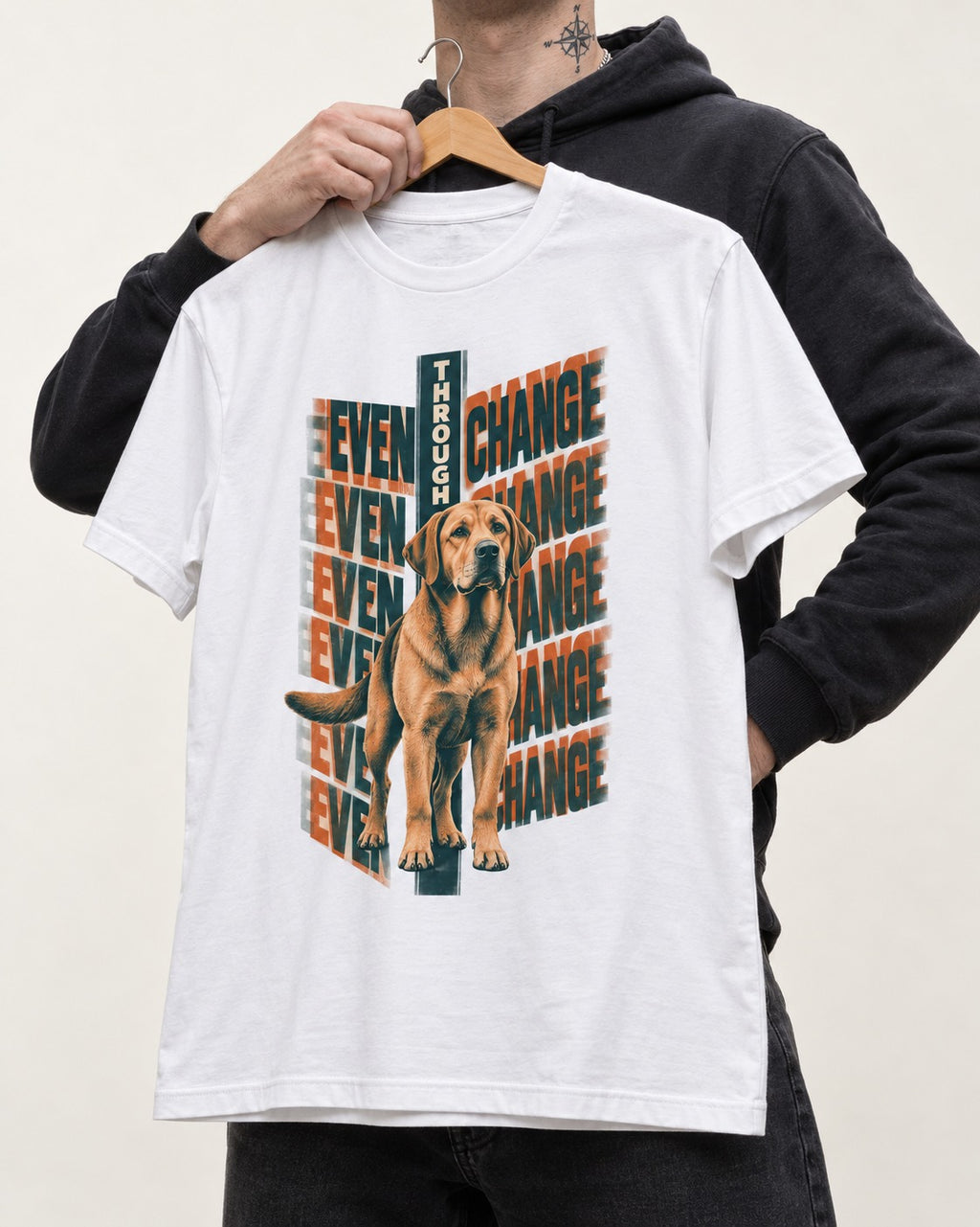 Labrador Retriever Even Through Change Repeated Poster Graphic T-Shirt in White, held up on a hanger