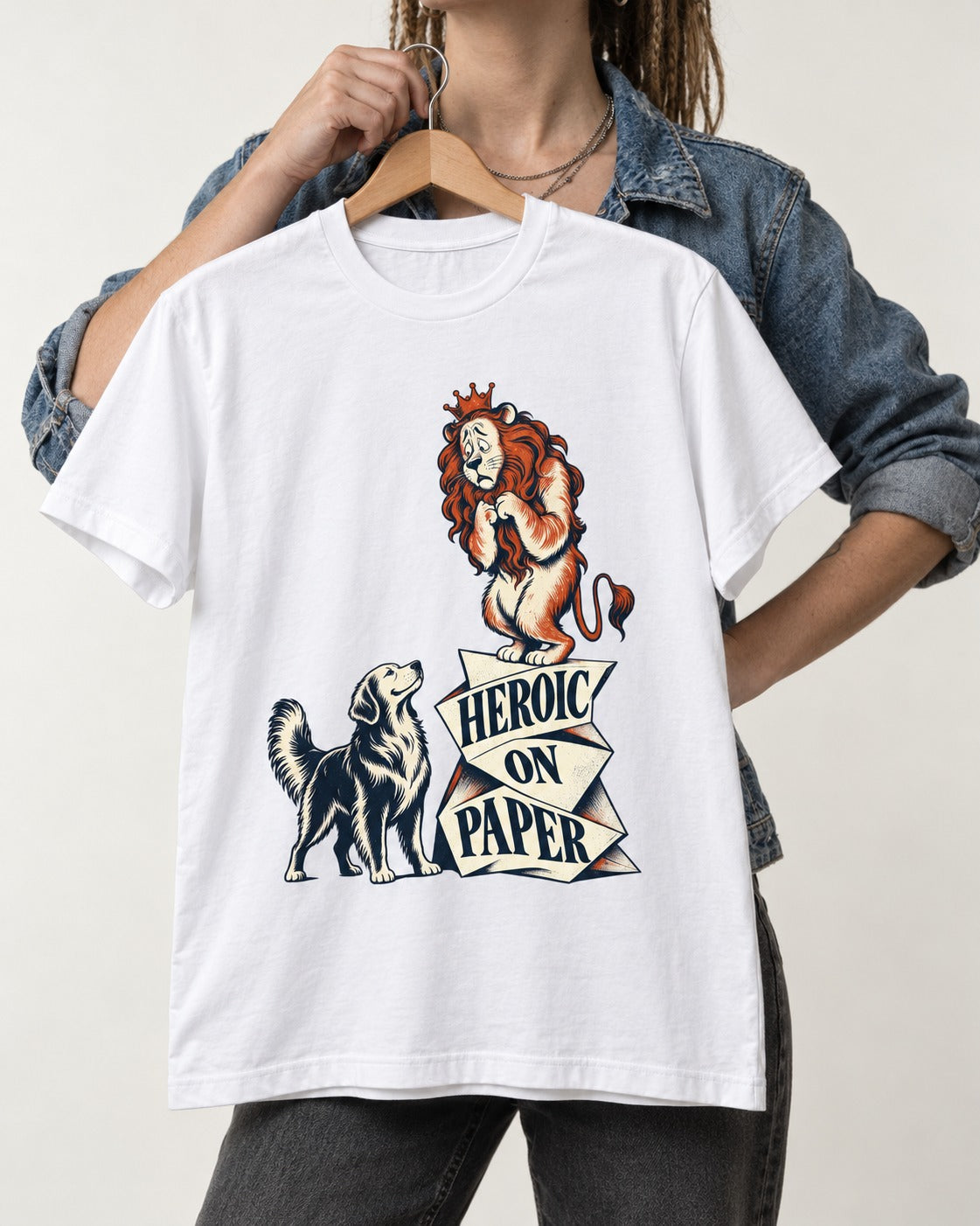 Golden Retriever Heroic on Paper Lion Graphic T-Shirt in White, held up on a hanger