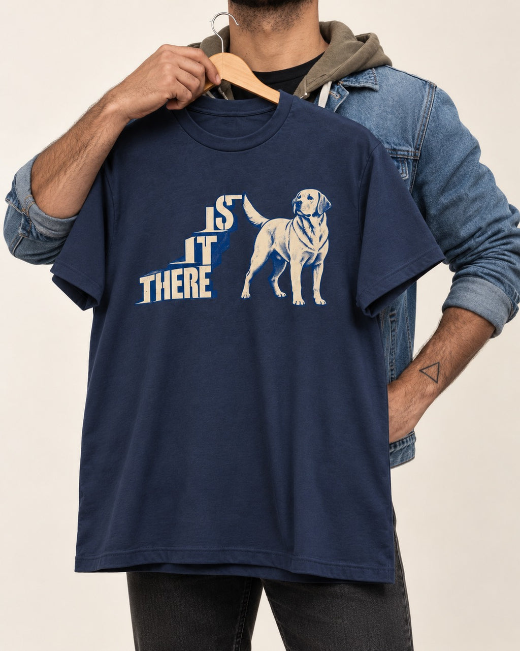 Labrador Retriever Is It There Stair-Step Graphic T-Shirt in Navy, held up on a hanger
