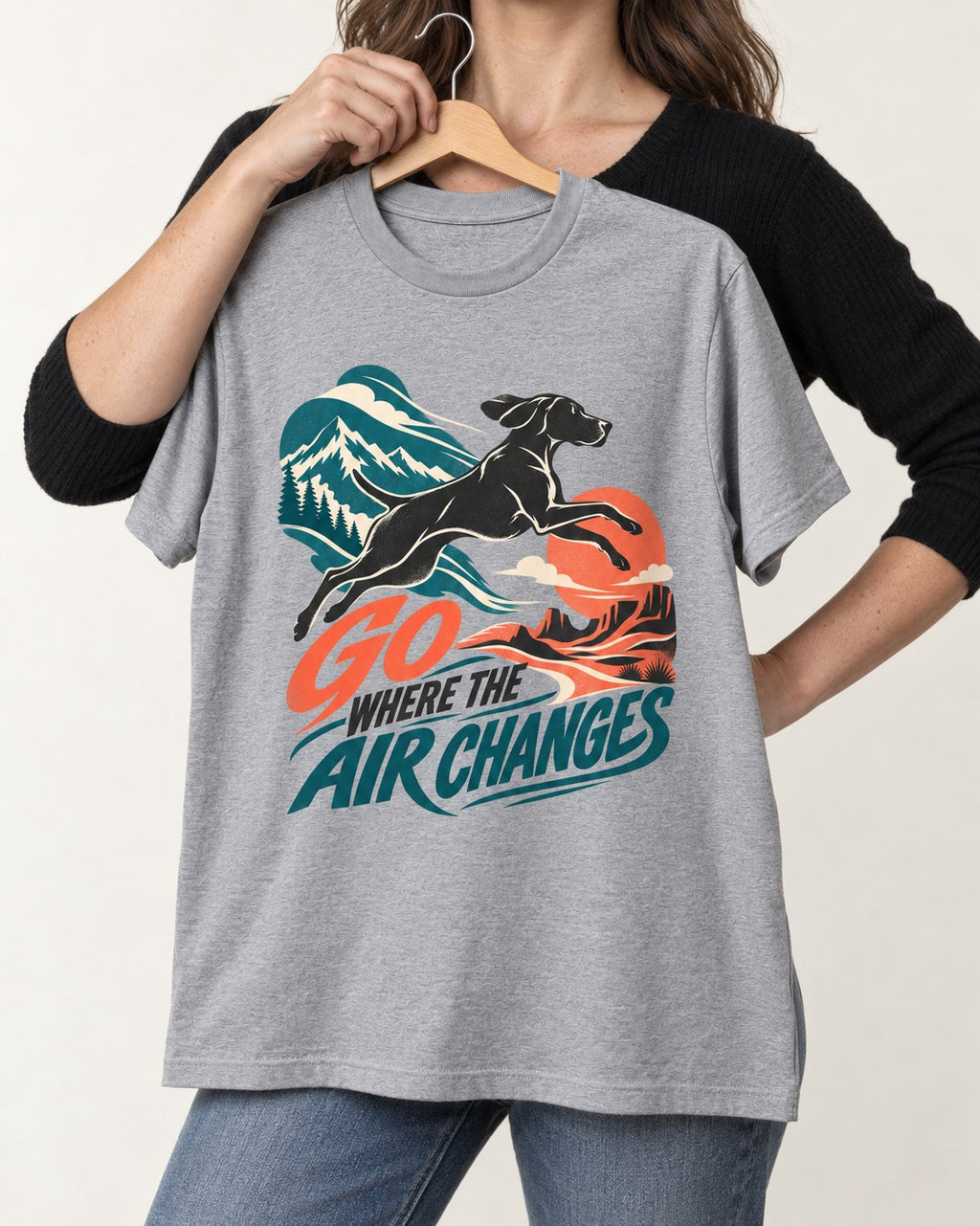 German Shorthaired Pointer Where the Air Changes T-Shirt in Sport Grey, held up on a hanger