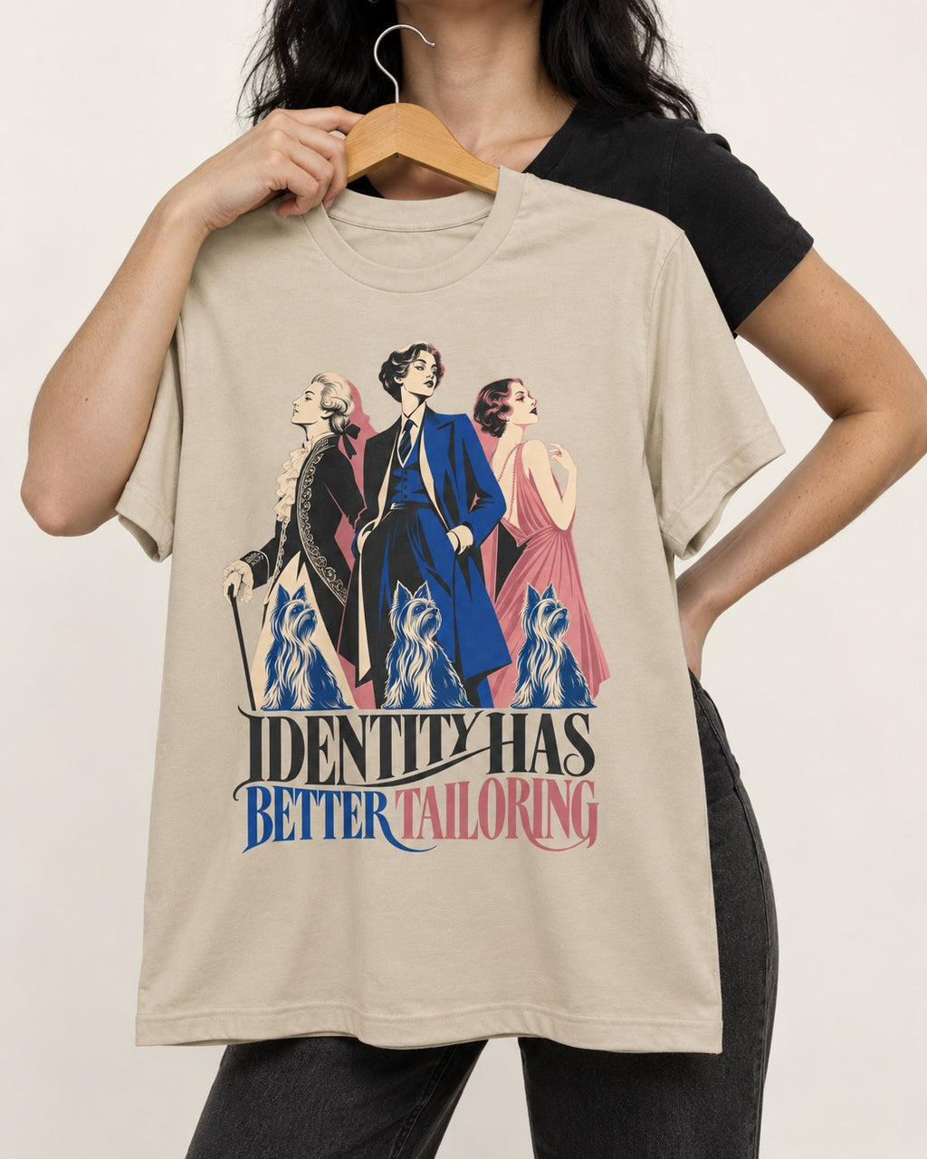 Yorkshire Terrier Identity Has Better Tailoring T-Shirt in Sand, held up on a hanger