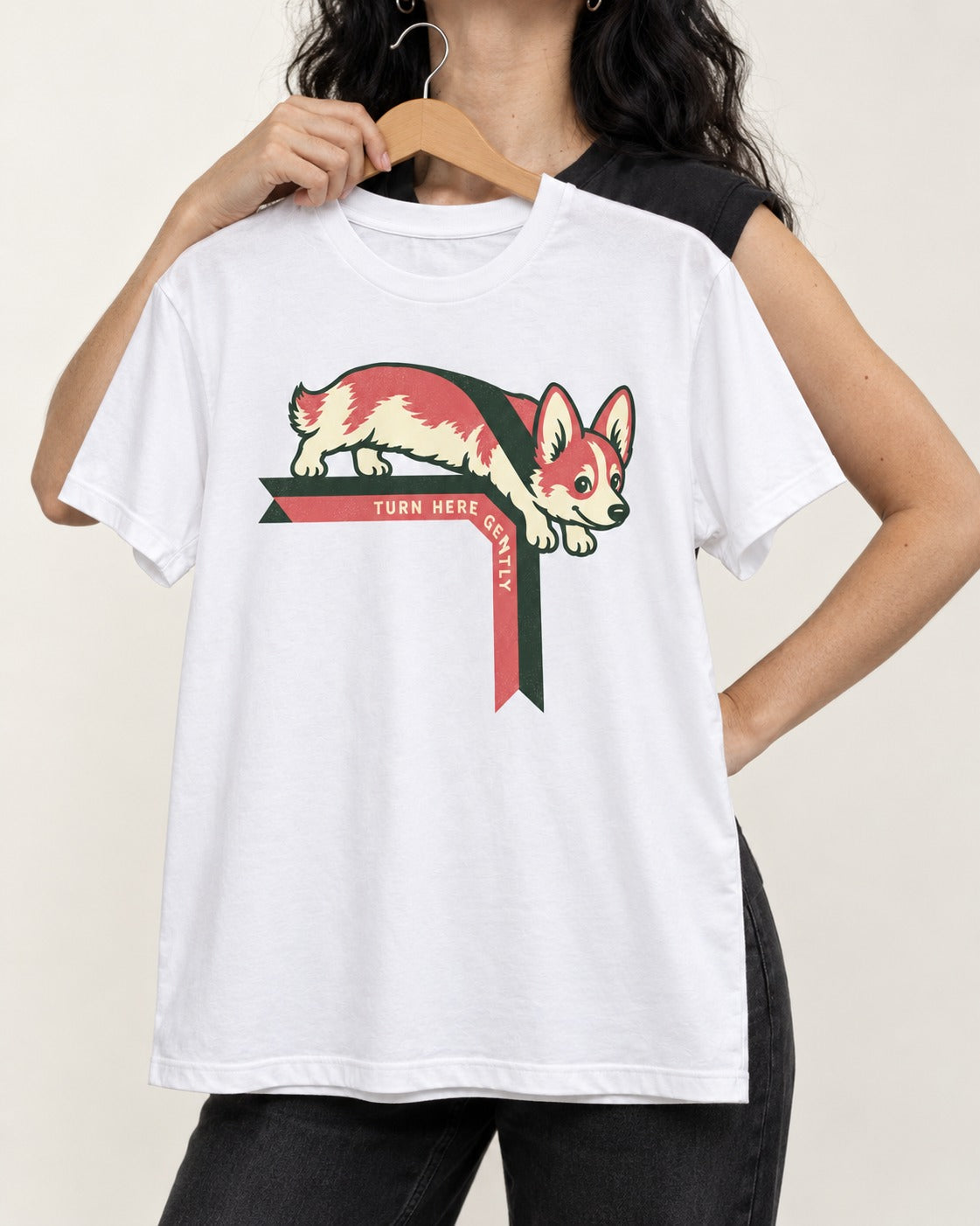 Corgi Turn Here Gently T-Shirt in White, held up on a hanger