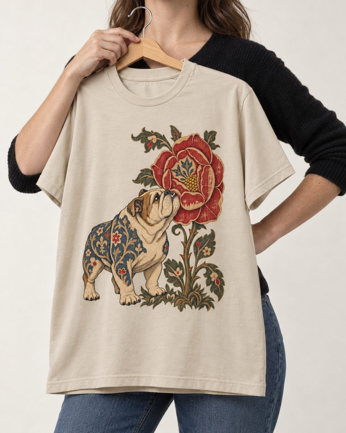 English Bulldog Tender Devotion T-Shirt in Sand, held up on a hanger