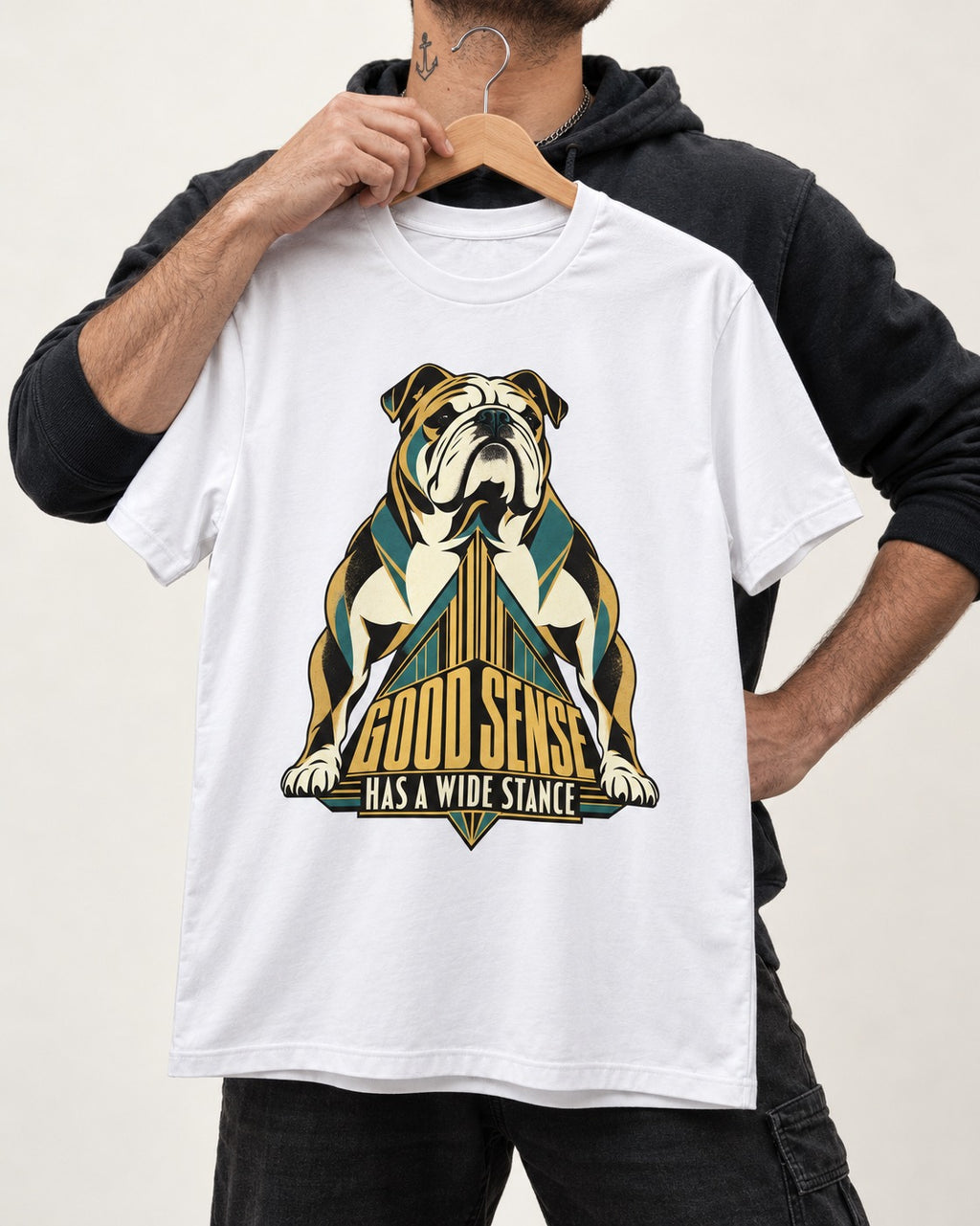 Good Sense Has a Wide Stance English Bulldog Graphic T-Shirt in White, held up on a hanger