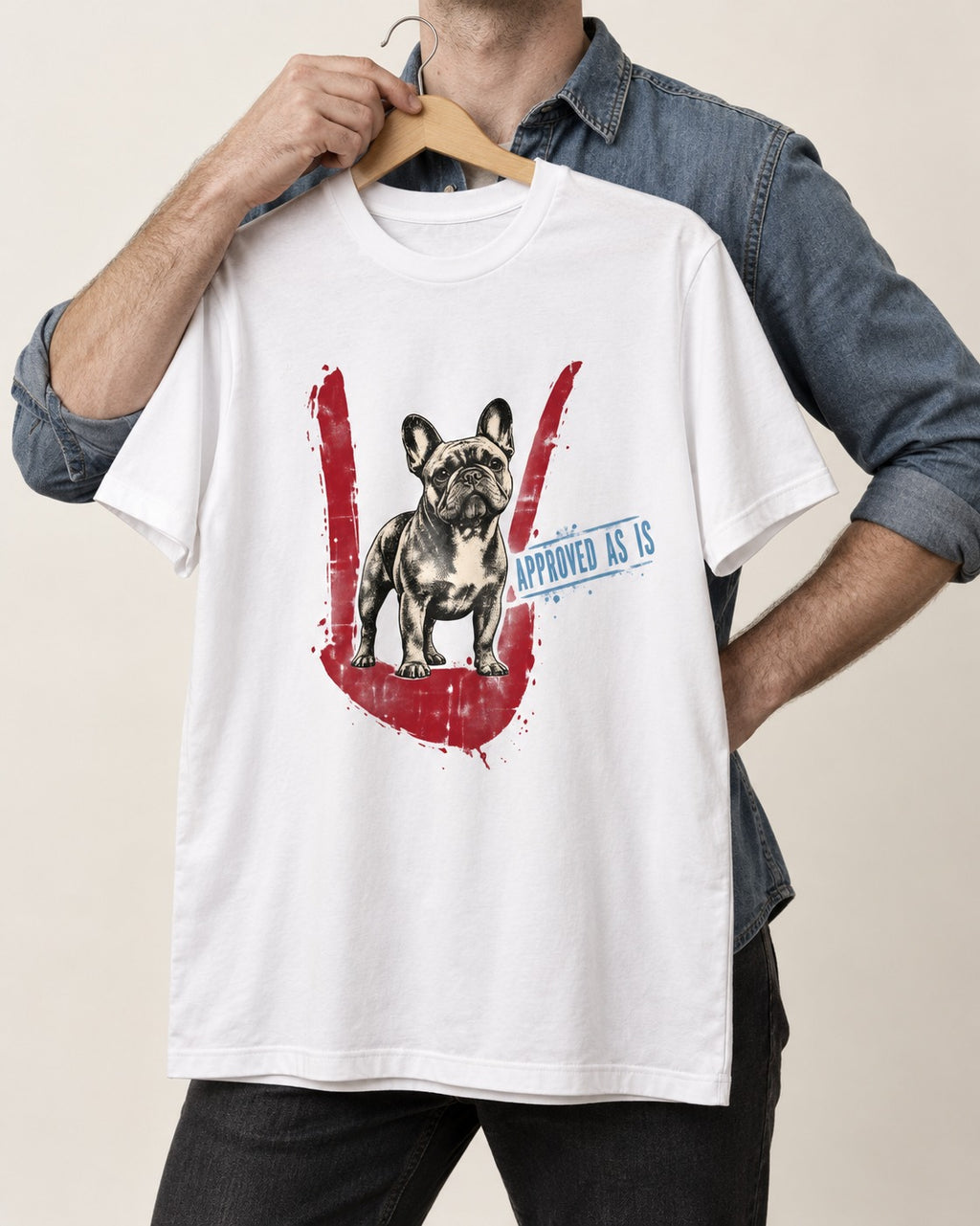 Frenchie Approved As Is Check Mark Graphic T-Shirt in White, held up on a hanger