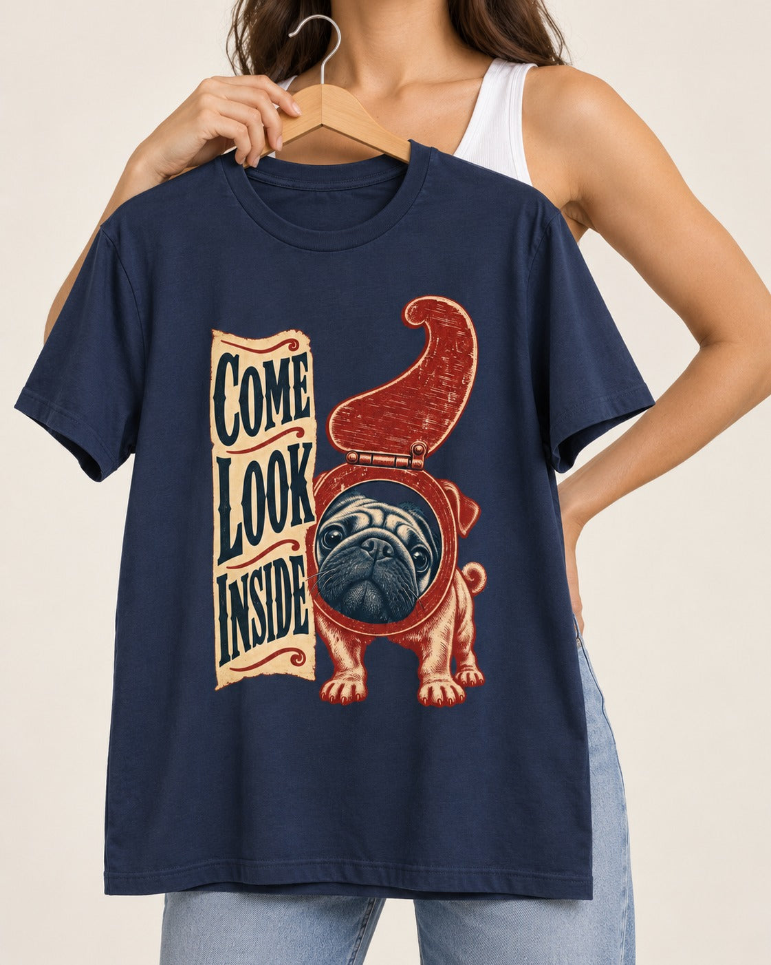 Pug Come Look Inside Toilet Seat Graphic T-Shirt in Navy, held up on a hanger
