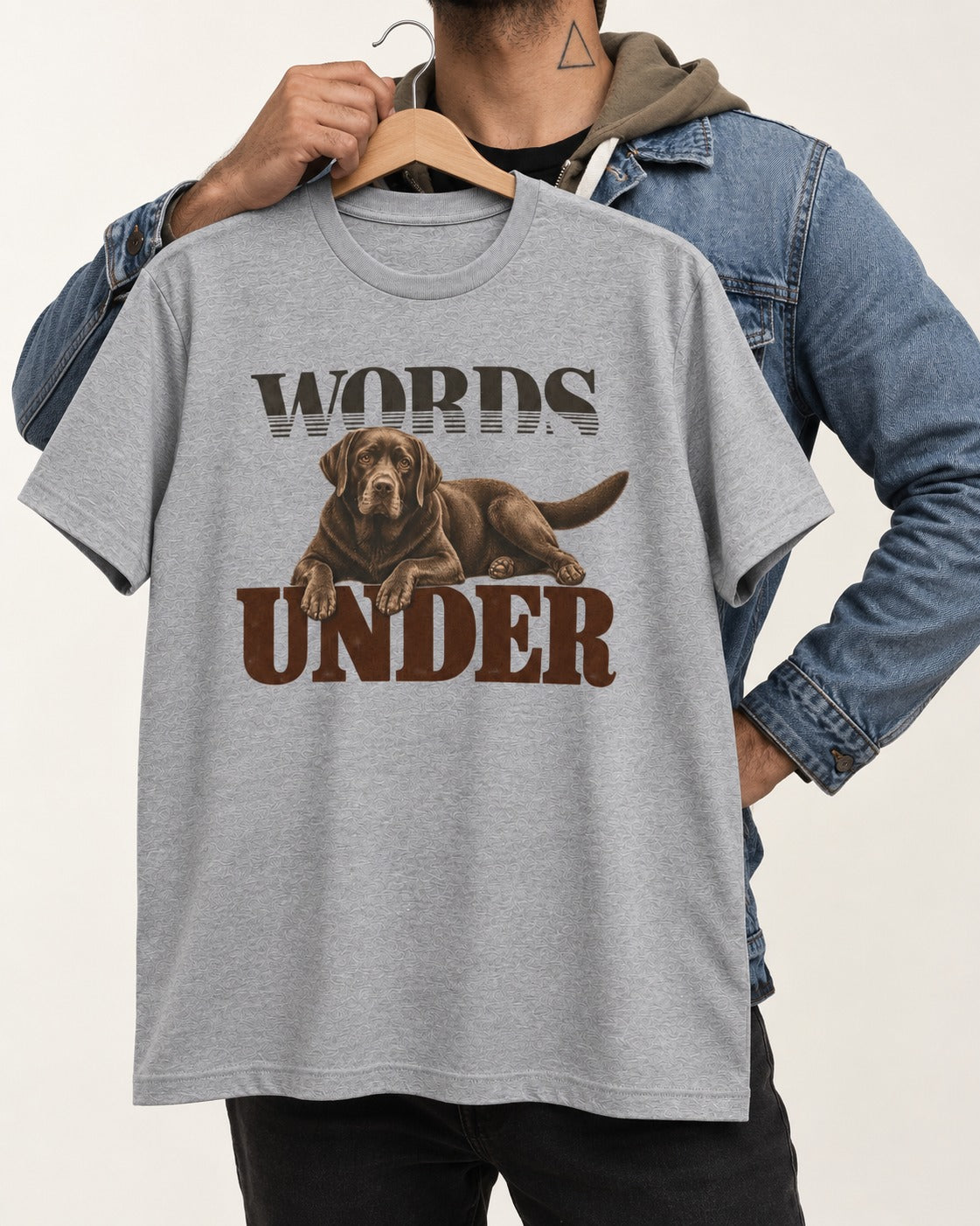 Words Under Labrador Retriever T-Shirt in Sport Grey, held up on a hanger