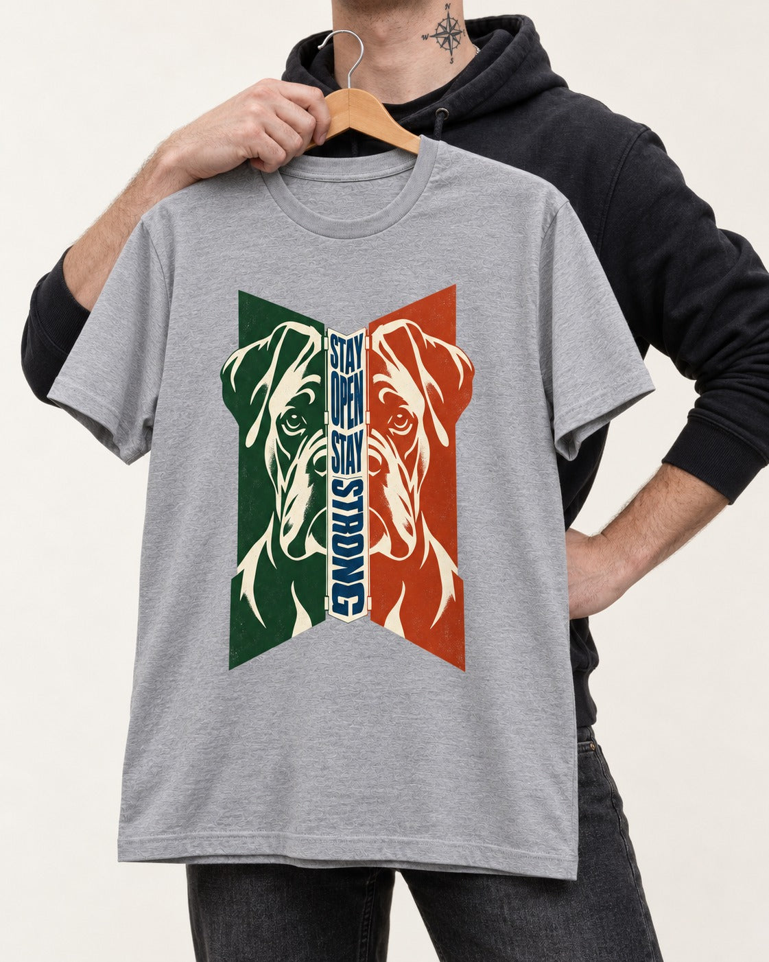 Boxer Stay Open Stay Strong T-Shirt in Sport Grey, held up on a hanger
