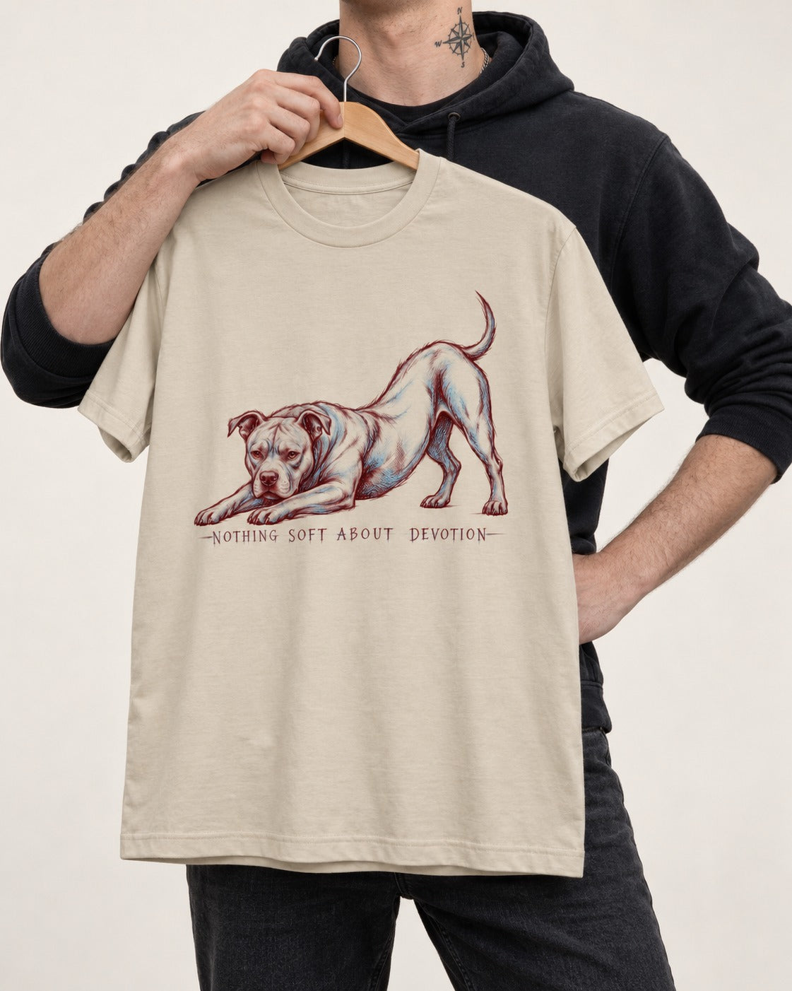 Nothing Soft About Pitbull Devotion T-Shirt in Sand, held up on a hanger