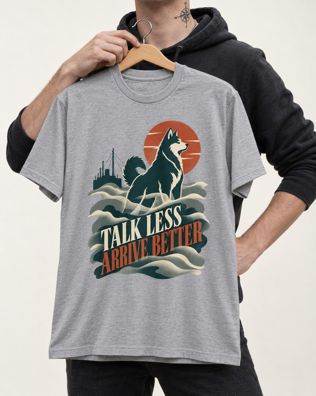 Husky Talk Less Arrive Better Harbor Wave Graphic T-Shirt in Sport Grey, held up on a hanger