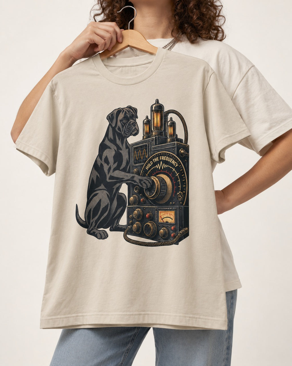 Hold the Boxer Frequency T-Shirt in Sand, held up on a hanger
