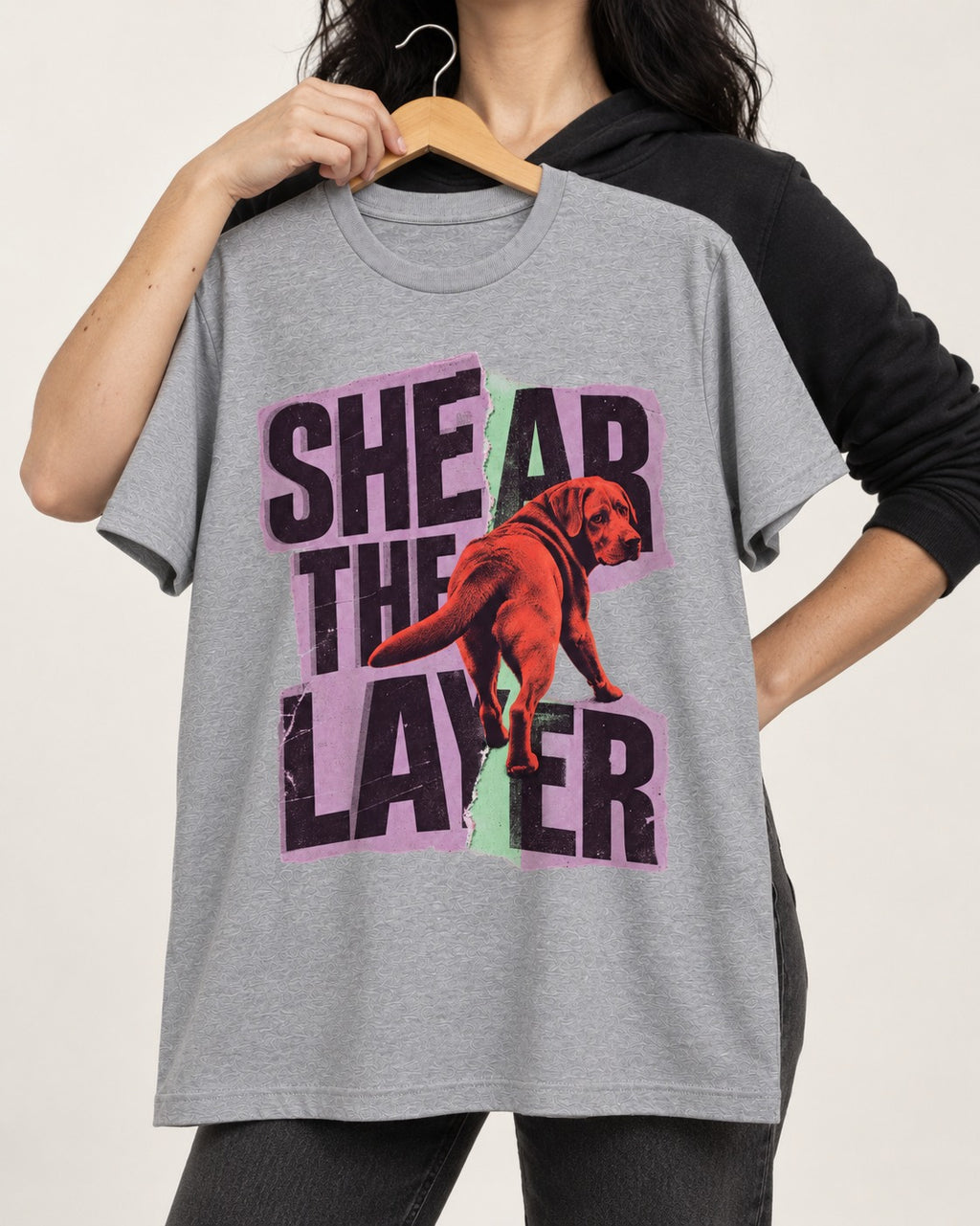 Labrador Retriever Shear the Layer Torn Paper Graphic T-Shirt in Sport Grey, held up on a hanger