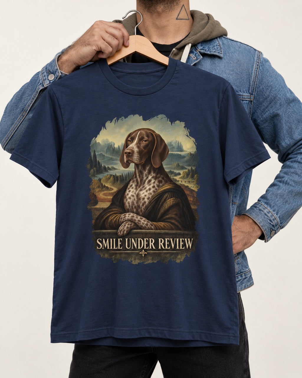 German Shorthaired Pointer Smile Under Review Renaissance Portrait Graphic T-Shirt in Navy, held up on a hanger