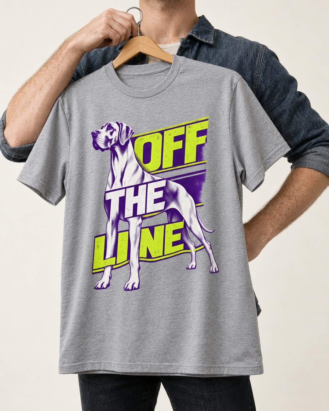 Great Dane Off the Line T-Shirt in Sport Grey, held up on a hanger
