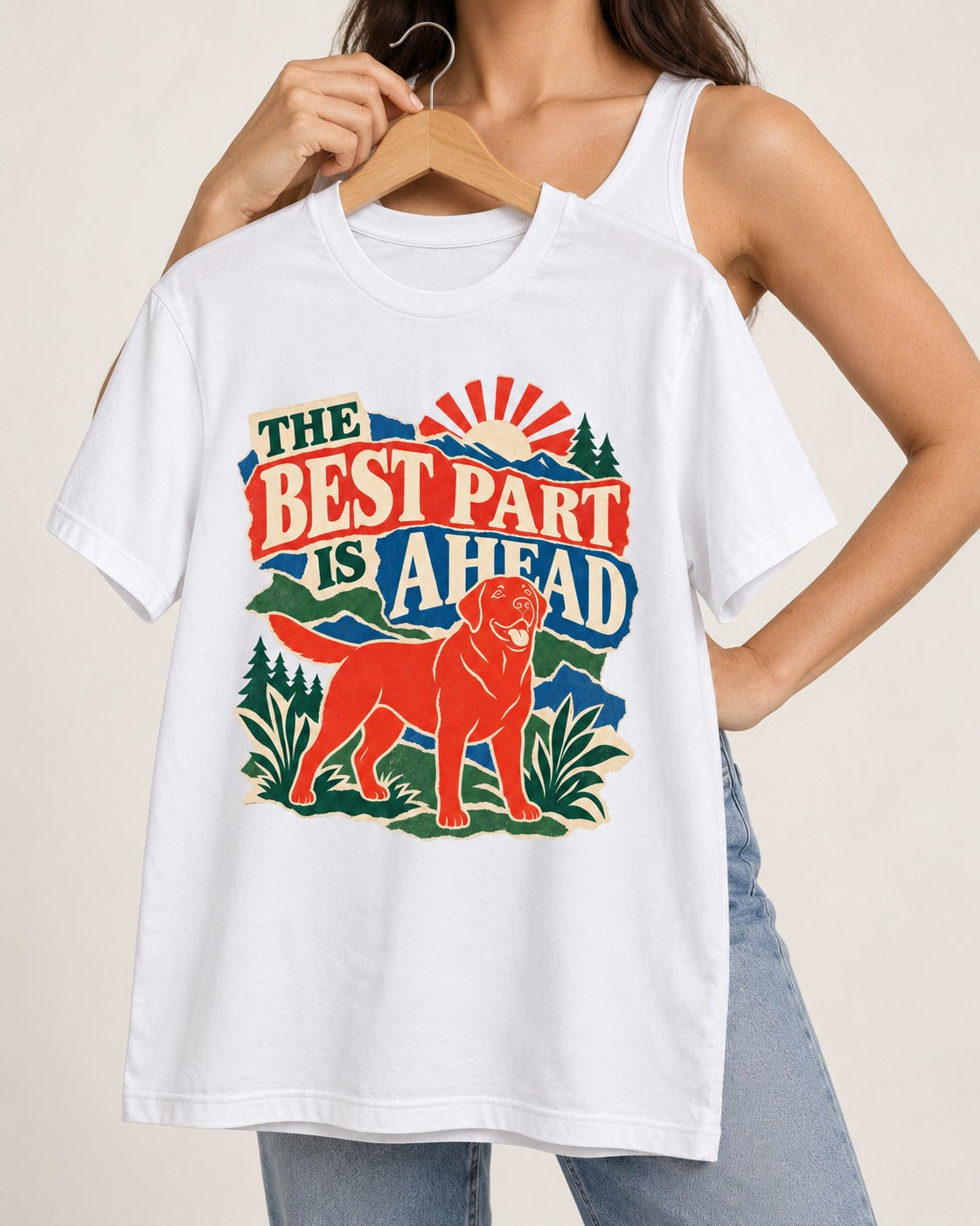 Labrador Retriever The Best Part Is Ahead Outdoor Graphic T-Shirt in White, held up on a hanger