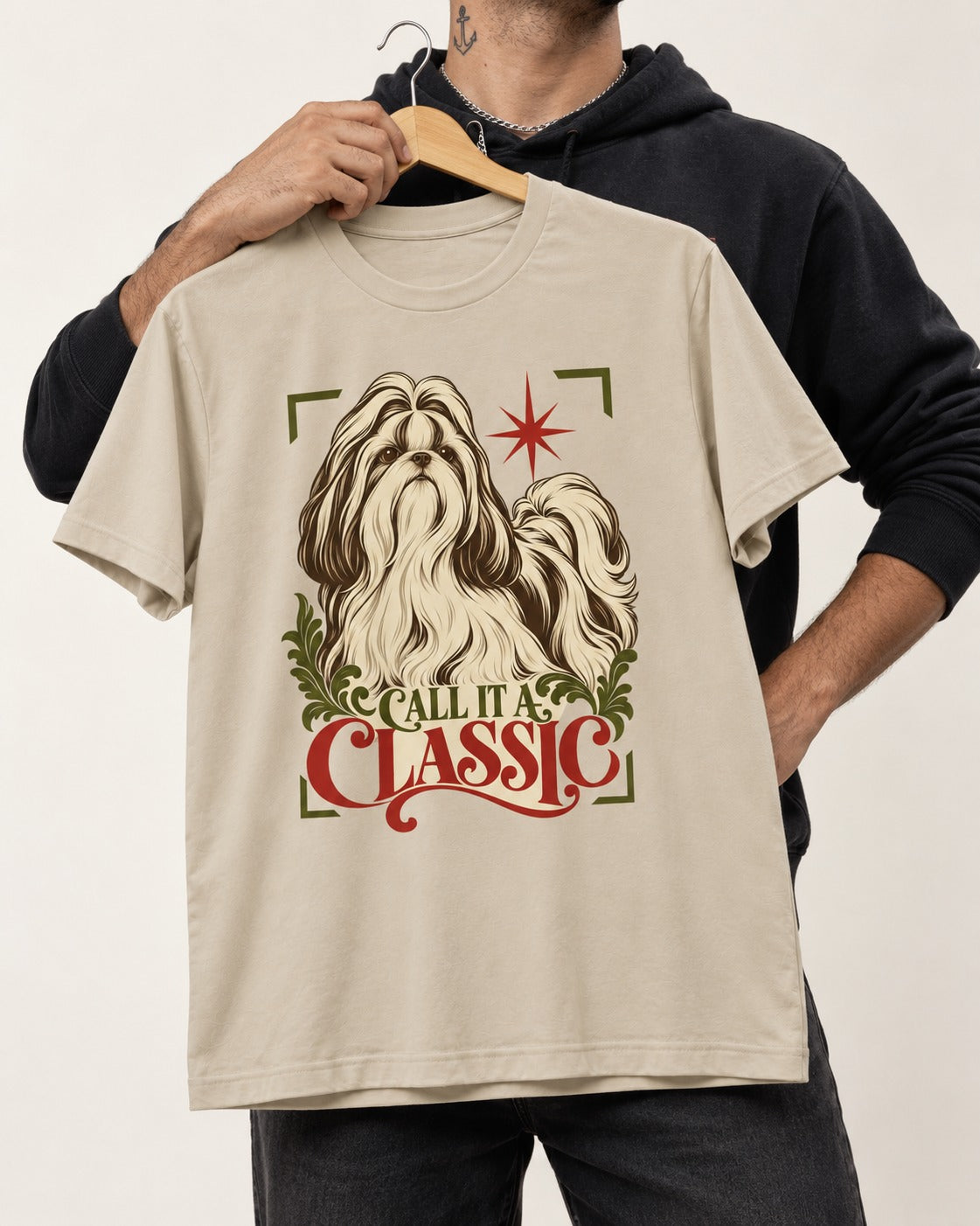Call It a Shih Tzu Classic T-Shirt in Sand, held up on a hanger