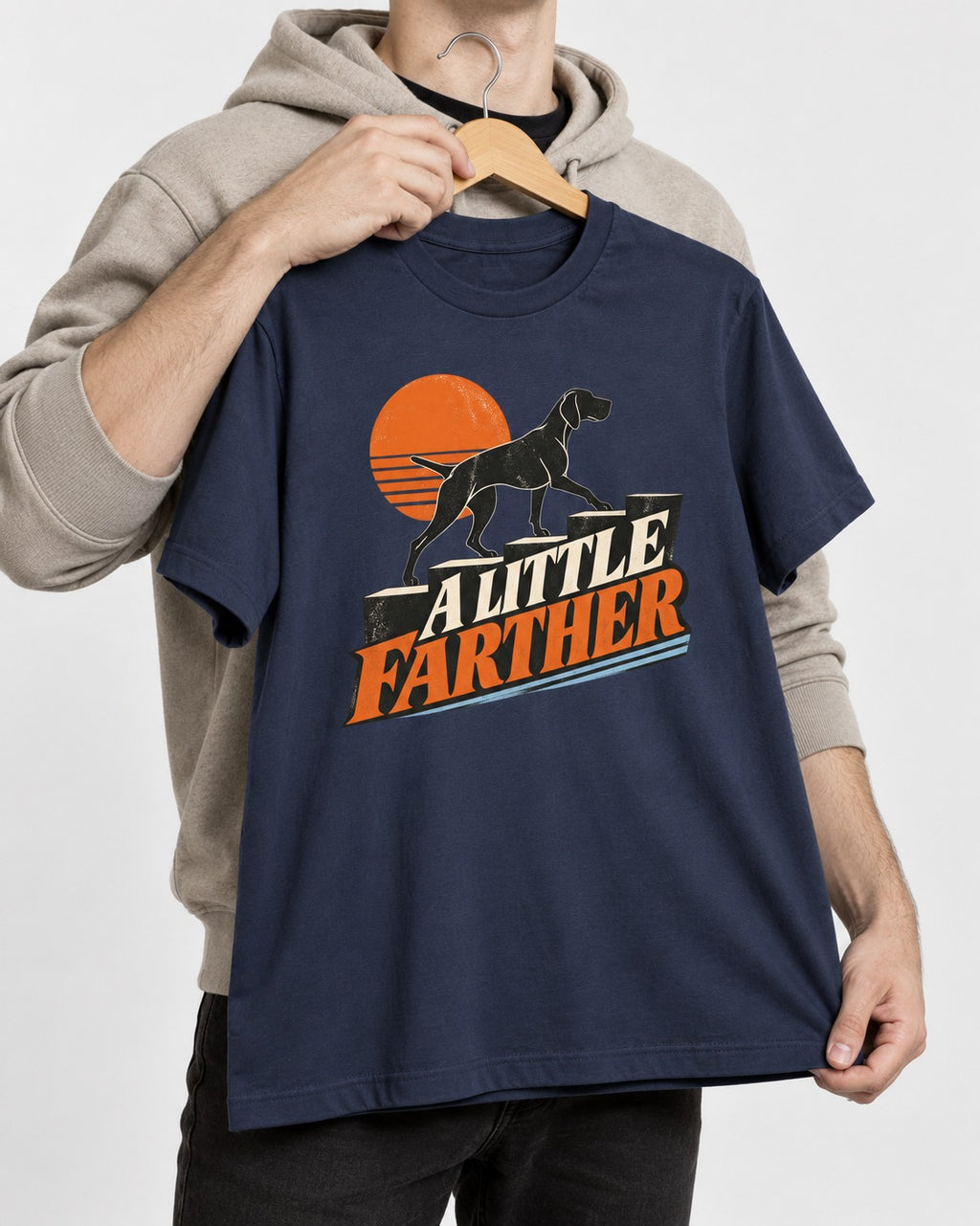 German Shorthaired Pointer A Little Farther Sunset Steps Graphic T-Shirt in Navy, held up on a hanger