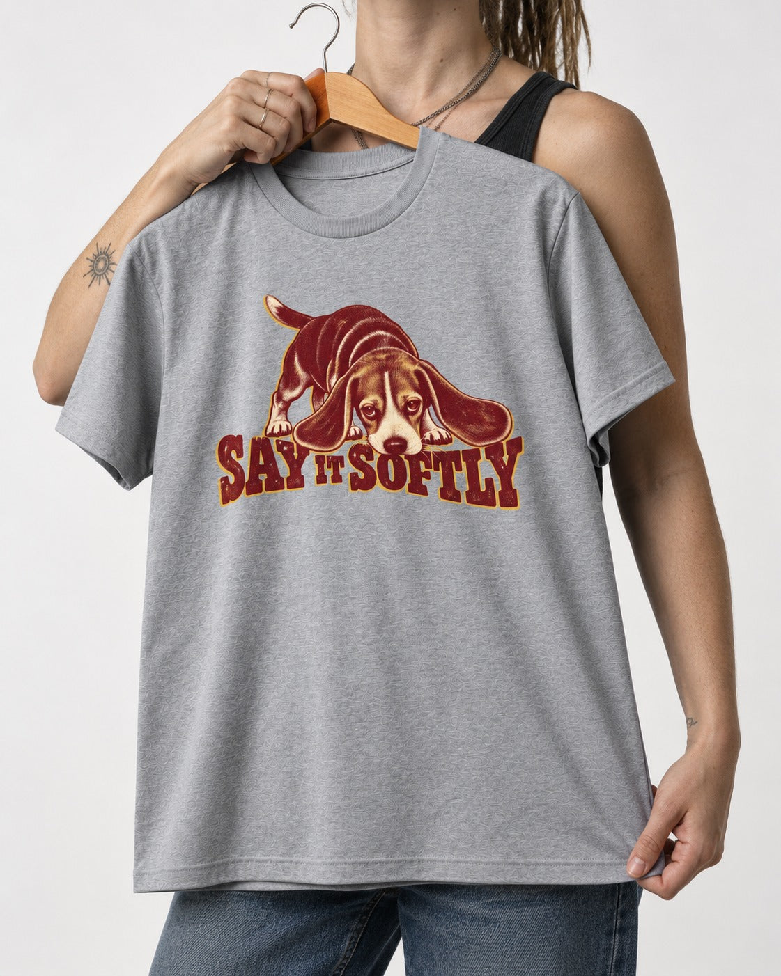 Beagle Say It Softly T-Shirt in Sport Grey, held up on a hanger