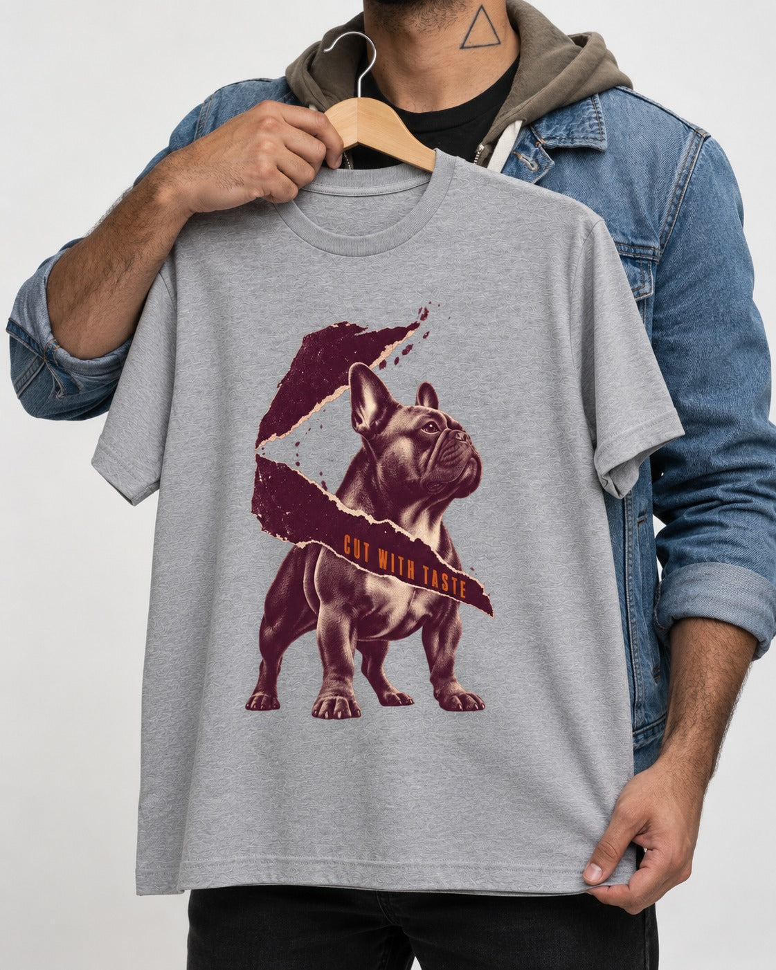 Frenchie Cut with Taste T-Shirt in Sport Grey, held up on a hanger