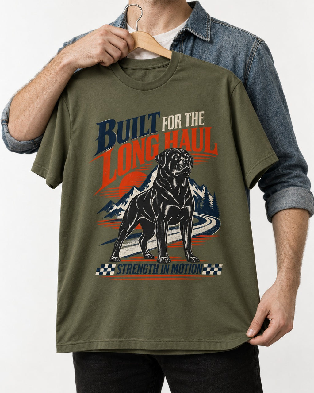 Built for the Long Haul Rottweiler Strength in Motion T-Shirt in Heather Military Green, held up on a hanger