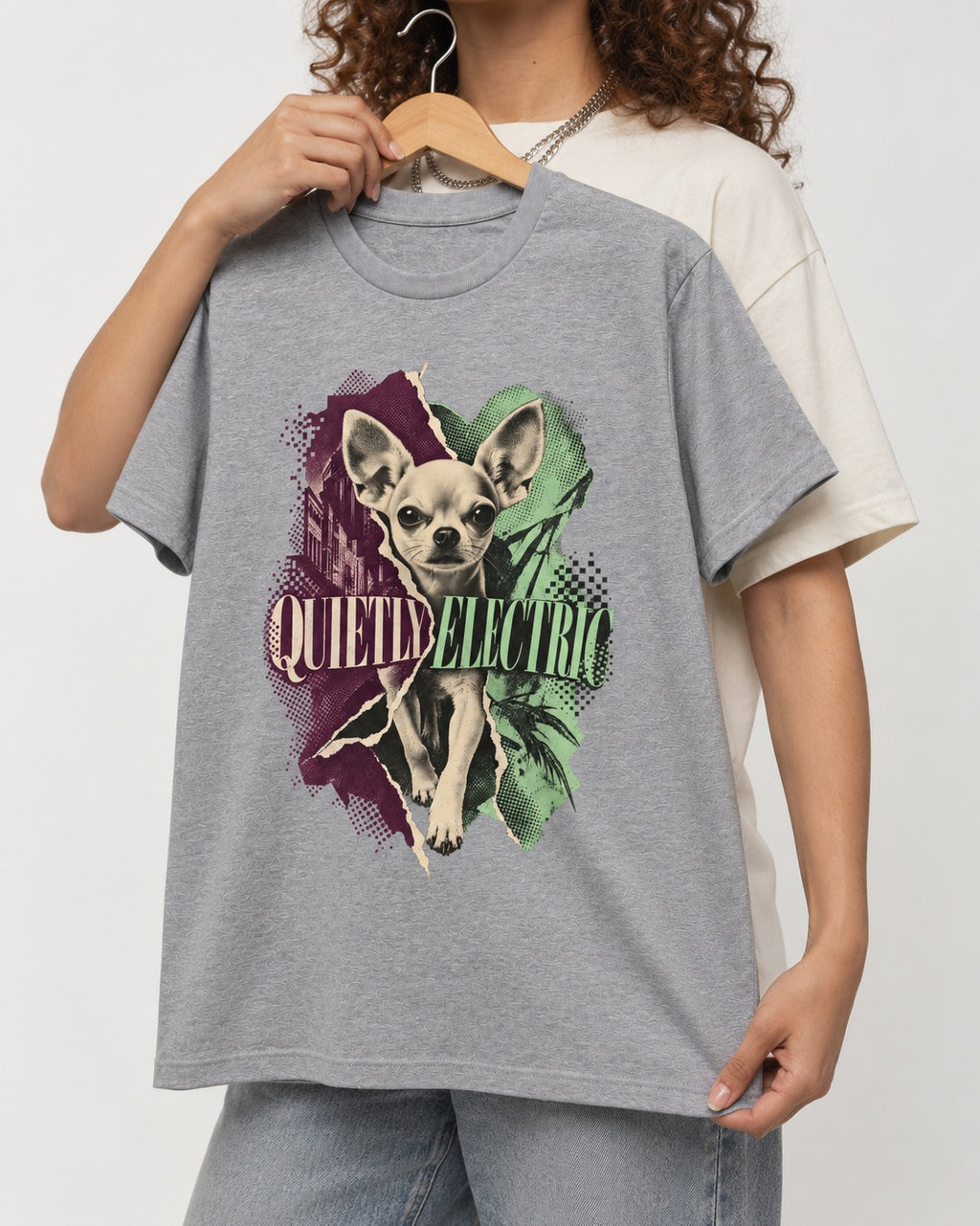 Chihuahua Quietly Electric T-Shirt in Sport Grey, held up on a hanger