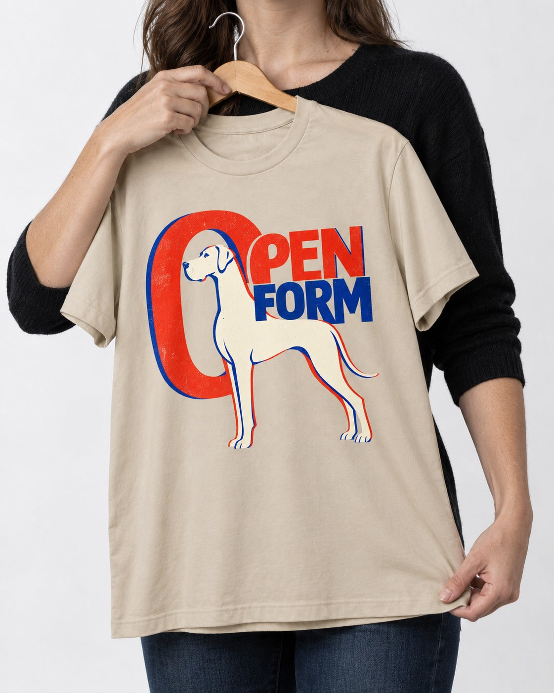 Open Form Great Dane T-Shirt in Sand, held up on a hanger