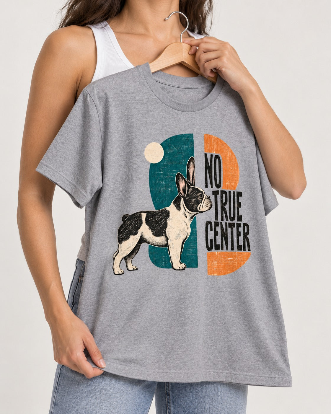 No True Center Frenchie T-Shirt in Sport Grey, held up on a hanger