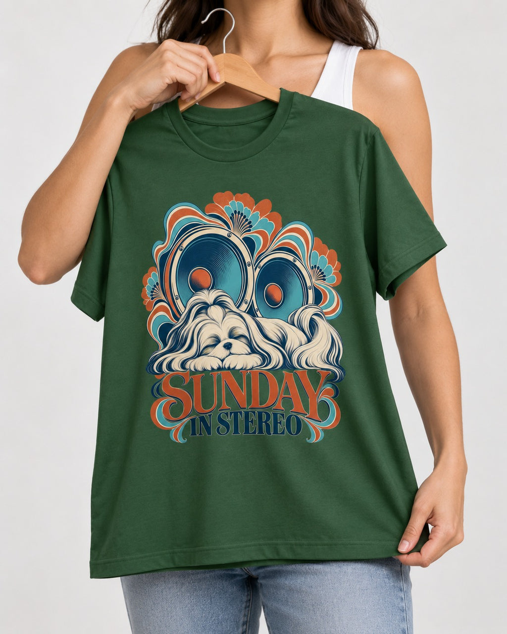 Shih Tzu Sunday in Stereo Retro Speaker Graphic T-Shirt in Forest Green, held up on a hanger