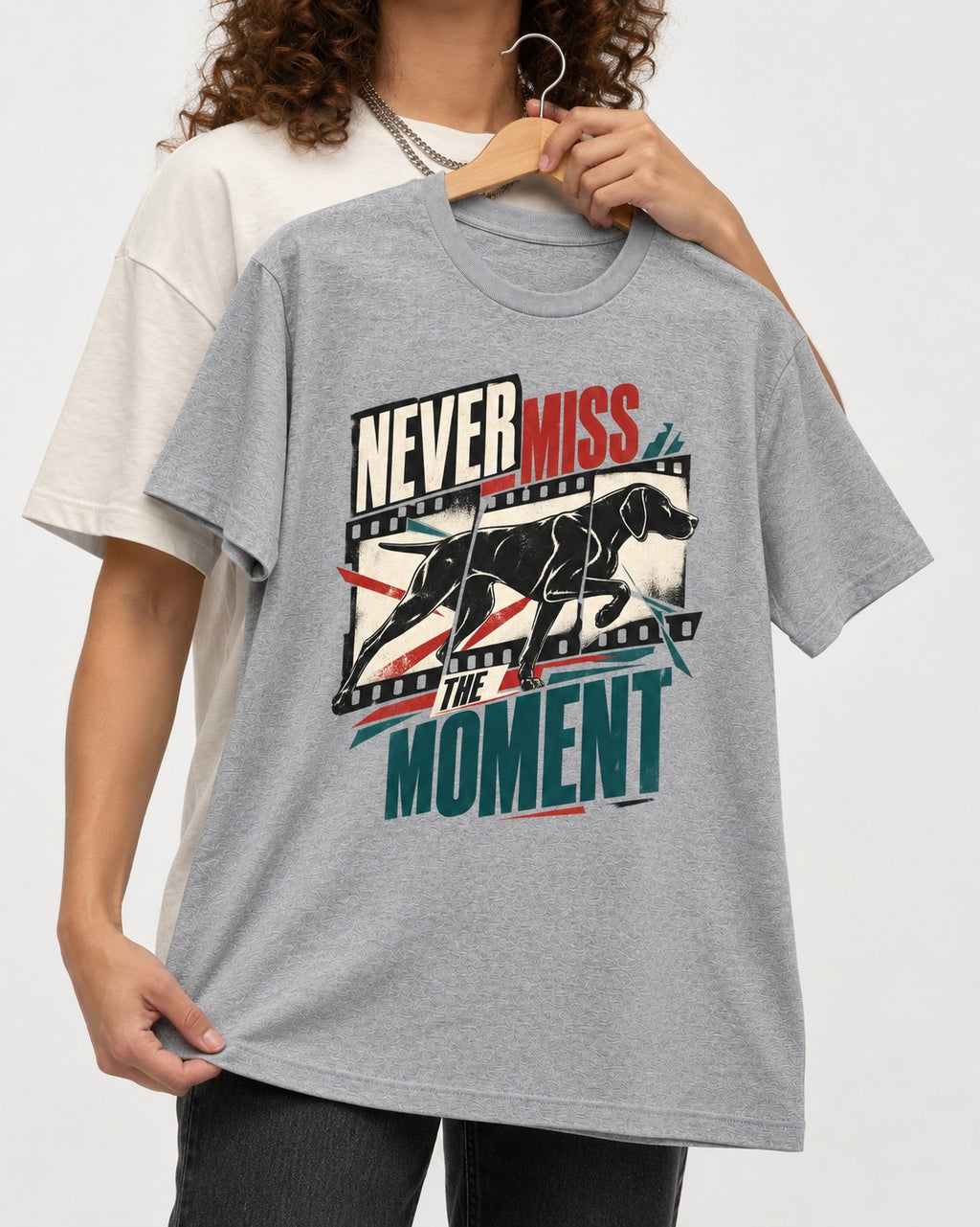 German Shorthaired Pointer Never Miss the Moment Filmstrip Graphic T-Shirt in Sport Grey, held up on a hanger