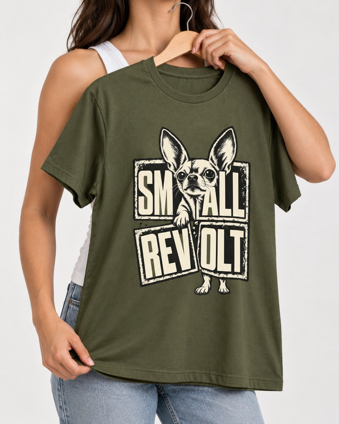 Chihuahua Small Revolt Broken Grid Graphic T-Shirt in Heather Military Green, held up on a hanger