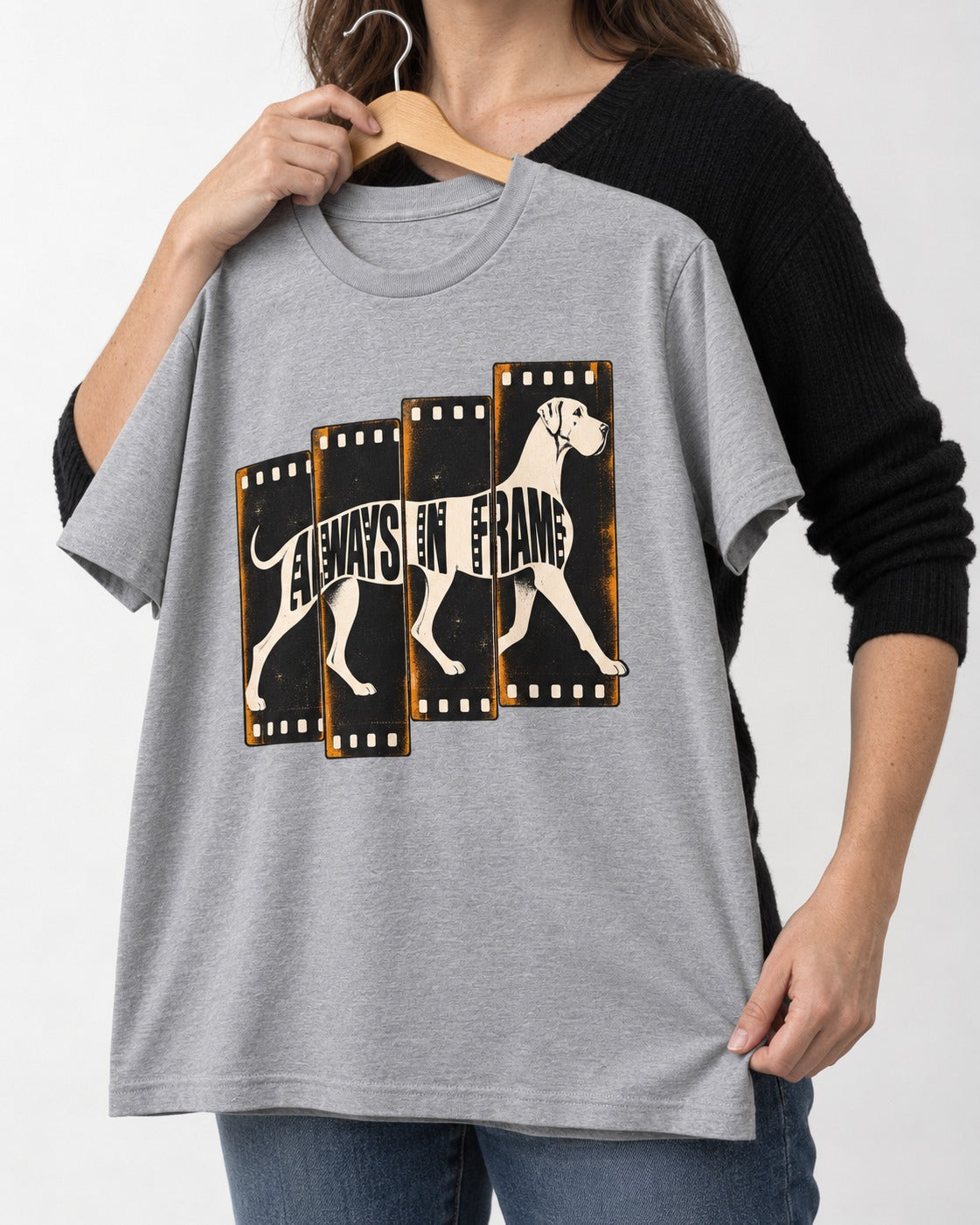 Great Dane Always in Frame T-Shirt in Sport Grey, held up on a hanger