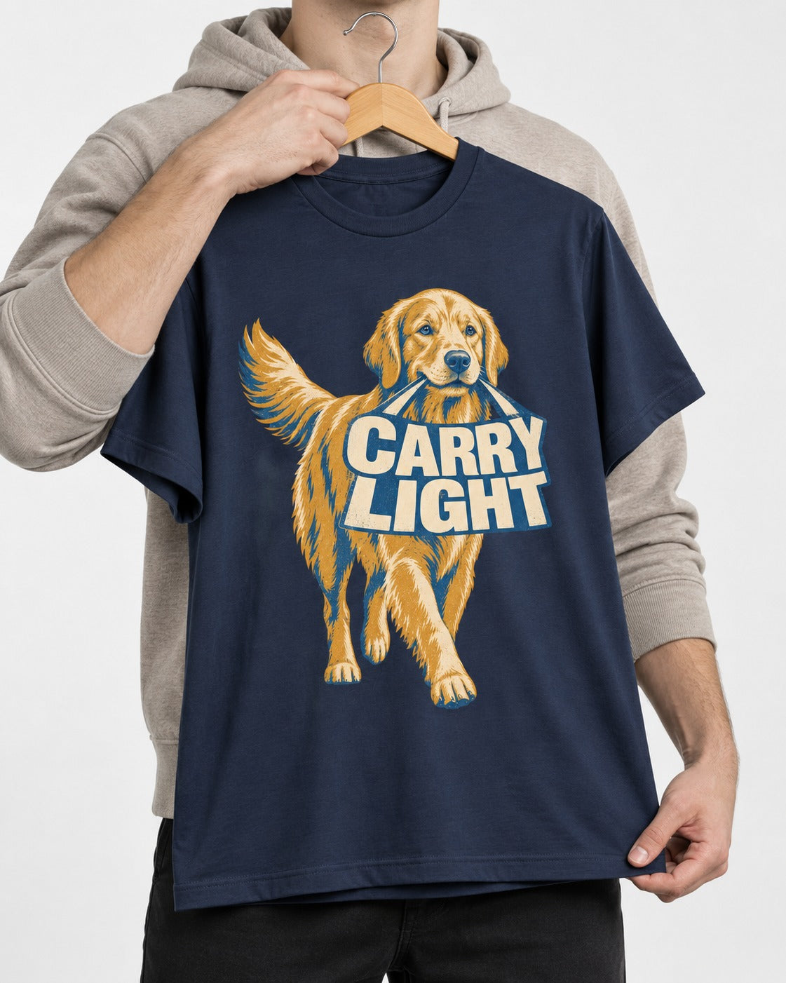 Golden Retriever Carry Light Sign Graphic T-Shirt in Navy, held up on a hanger