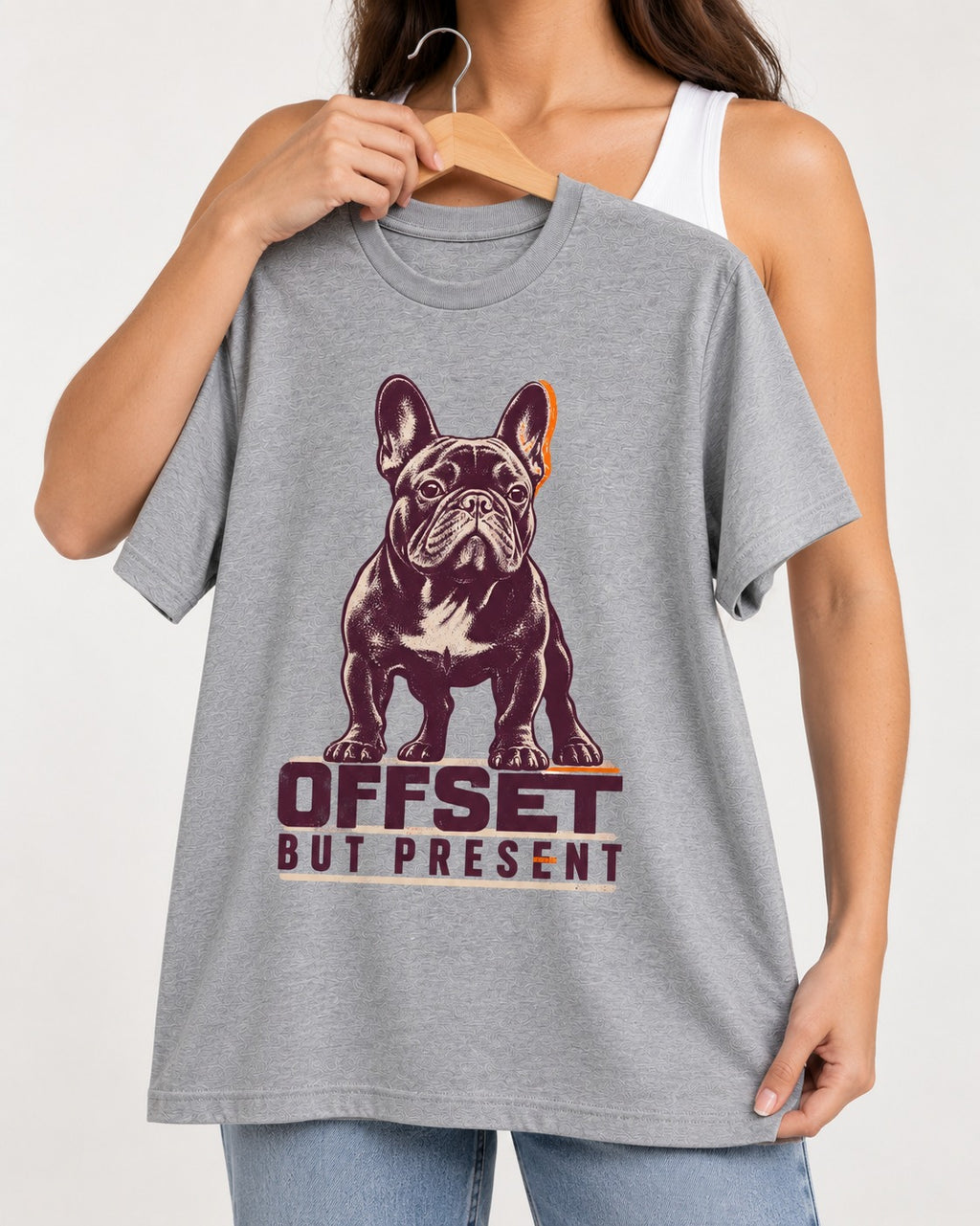 Offset but Present Frenchie T-Shirt in Sport Grey, held up on a hanger