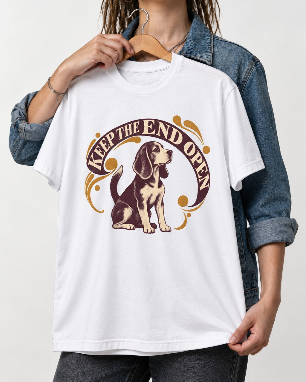 Beagle Keep The End Open Ornamental Graphic T-Shirt in White, held up on a hanger