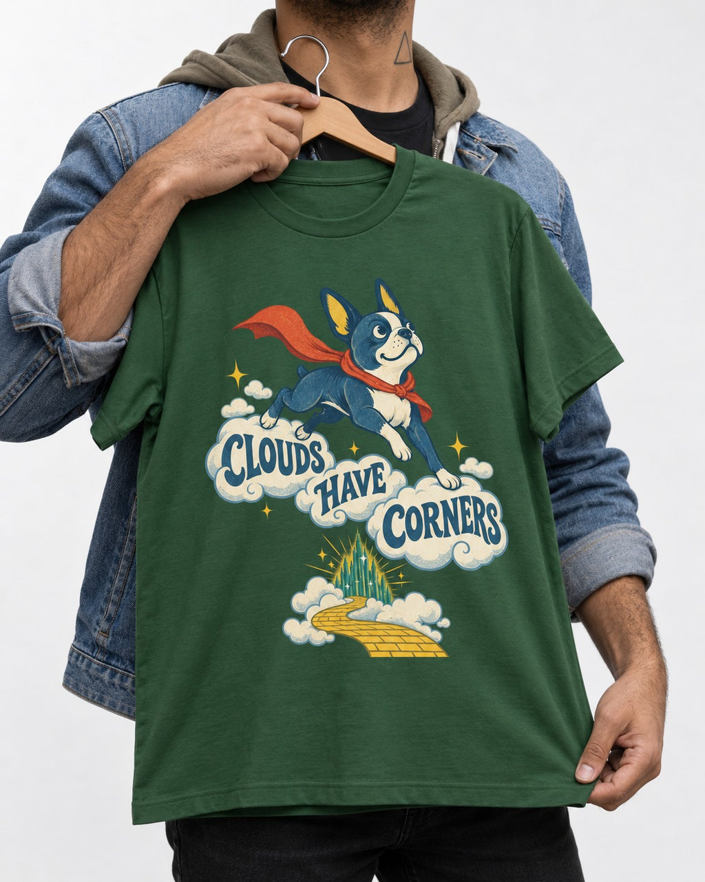 Clouds Have Corners Boston Terrier T-Shirt in Forest Green, held up on a hanger