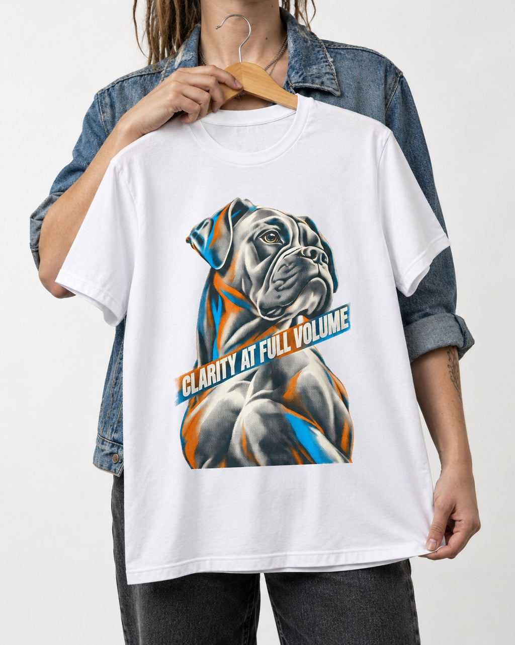 Clarity at Full Volume Boxer Portrait T-Shirt in White, held up on a hanger