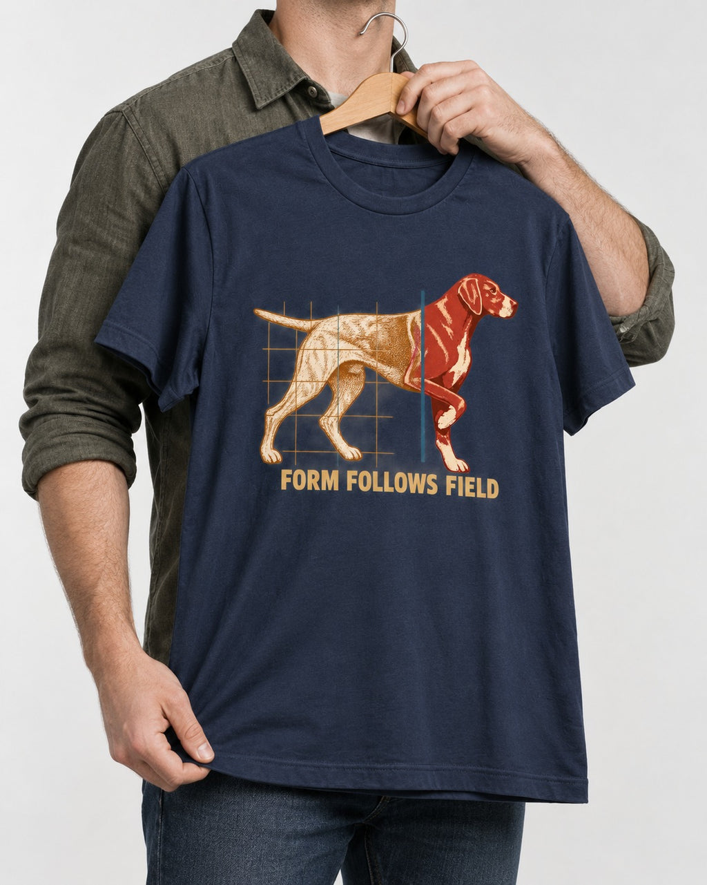 German Shorthaired Pointer Form Follows Field Grid Graphic T-Shirt in Navy, held up on a hanger
