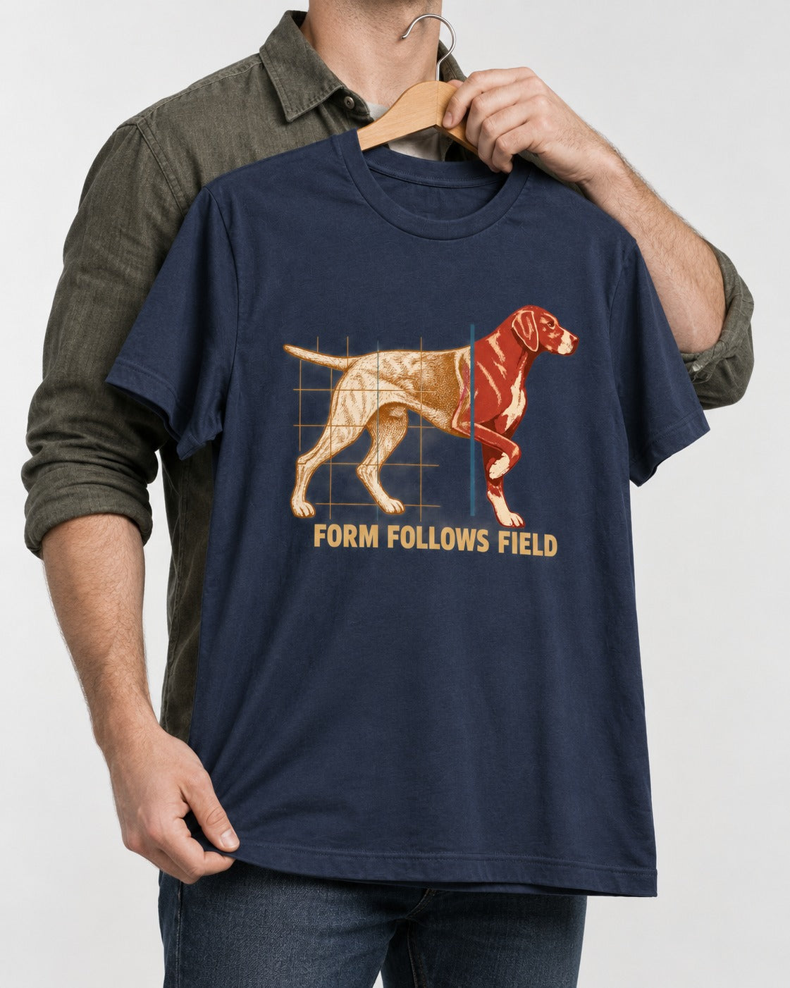 German Shorthaired Pointer Form Follows Field Grid Graphic T-Shirt in Navy, held up on a hanger