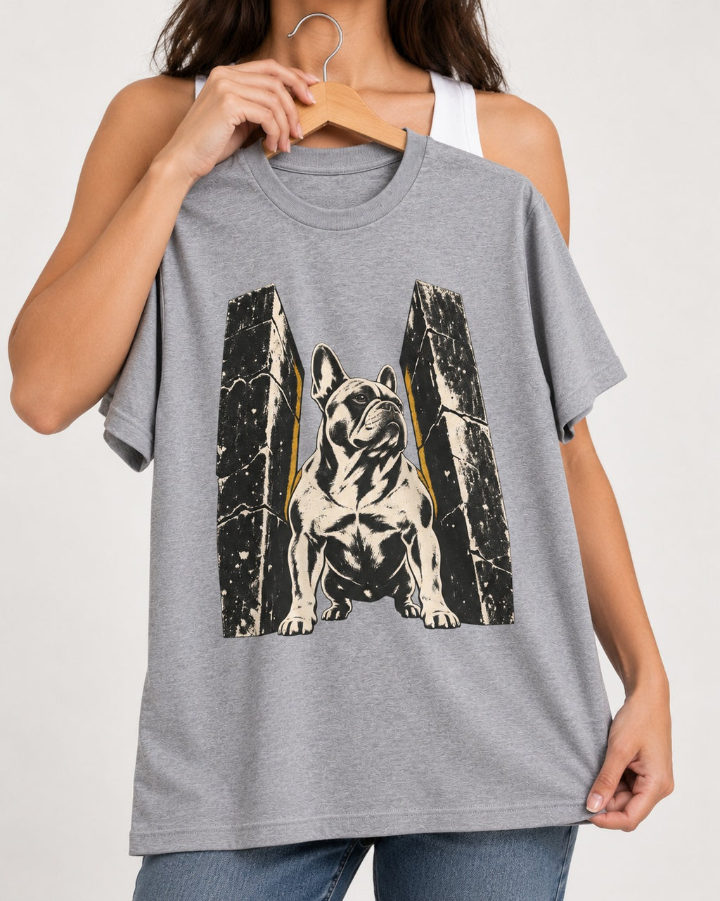 Frenchie Unbreakable T-Shirt in Sport Grey, held up on a hanger