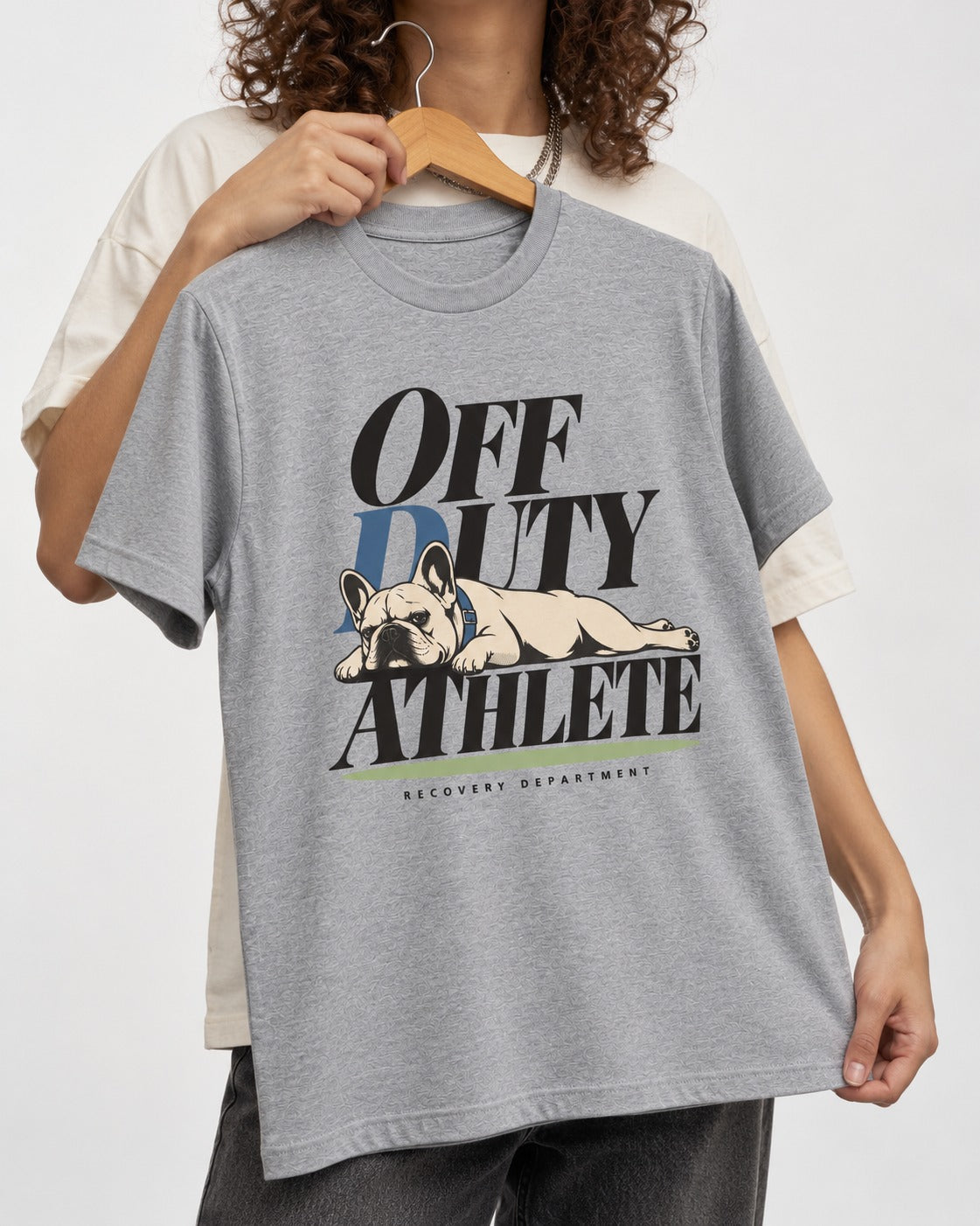 Off Duty Athlete Frenchie T-Shirt in Sport Grey, held up on a hanger