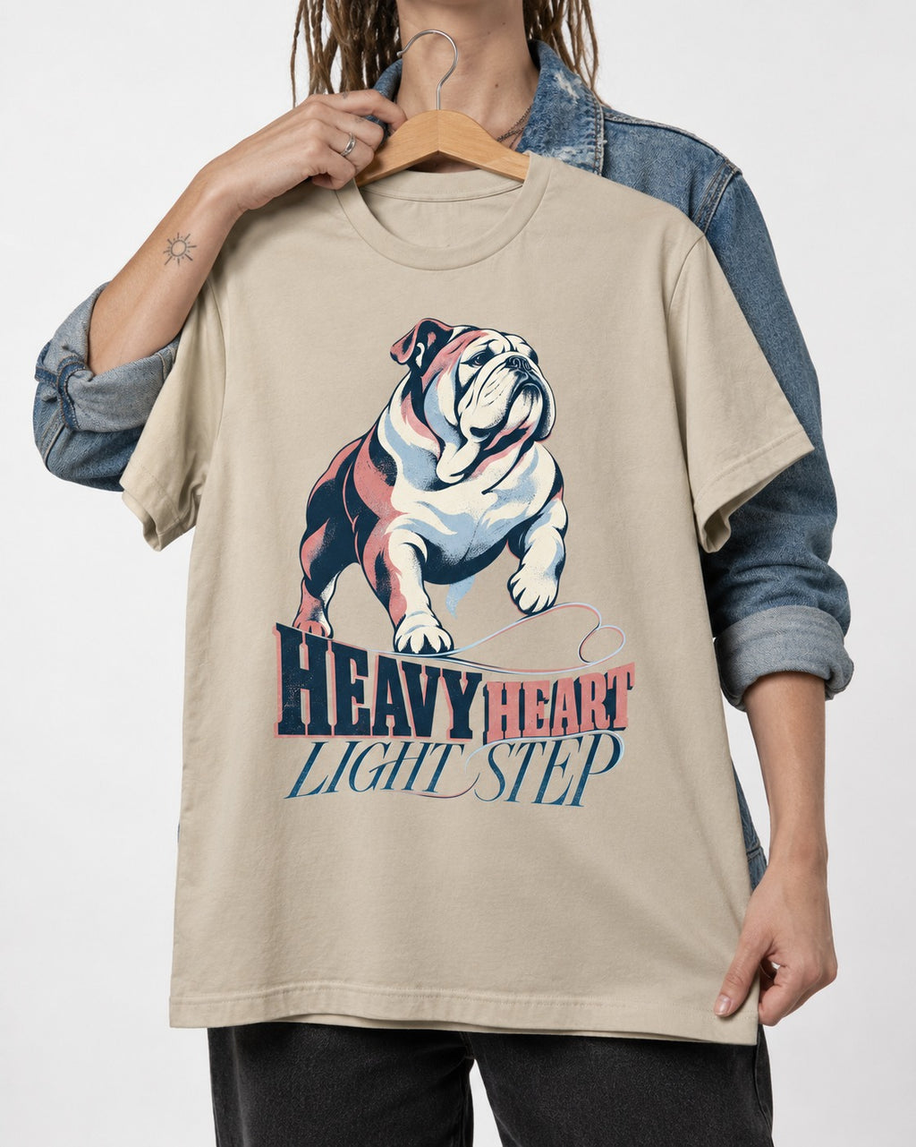 Heavy Heart Light Step English Bulldog T-Shirt in Sand, held up on a hanger