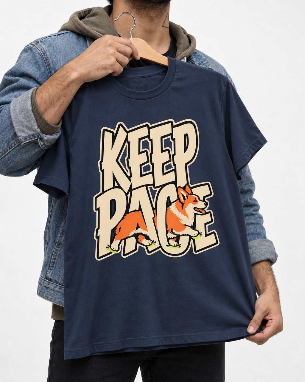 Corgi Keep Pace Running Typographic Graphic T-Shirt in Navy, held up on a hanger
