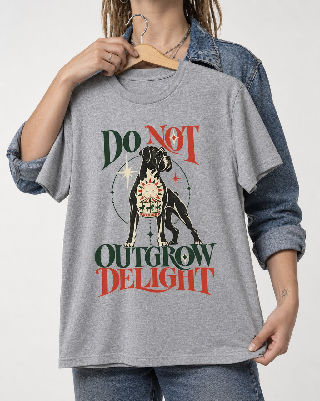 Boxer Do Not Outgrow Delight T-Shirt in Sport Grey, held up on a hanger