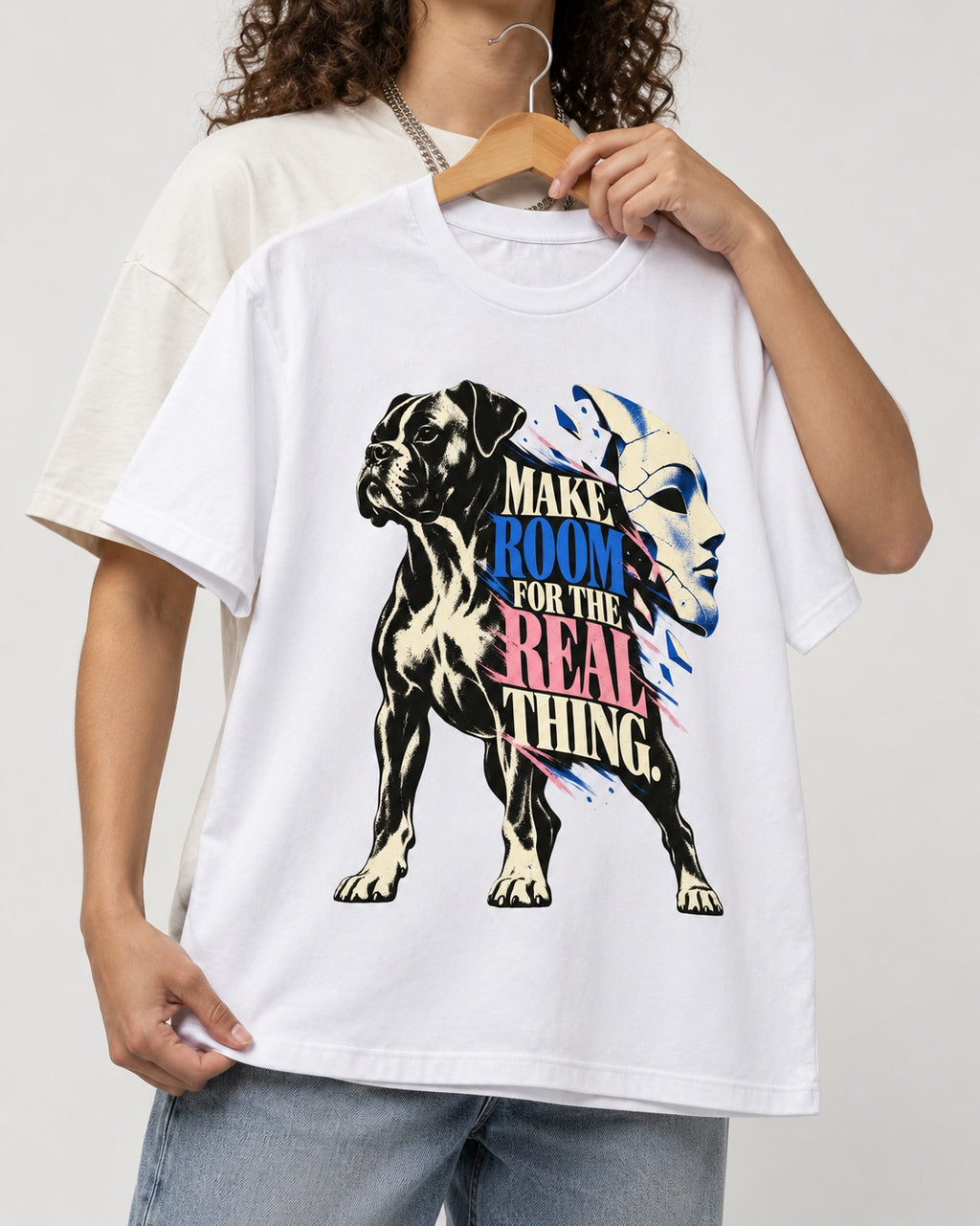 Make Room for the Real Thing Boxer Broken Mask Graphic T-Shirt in White, held up on a hanger