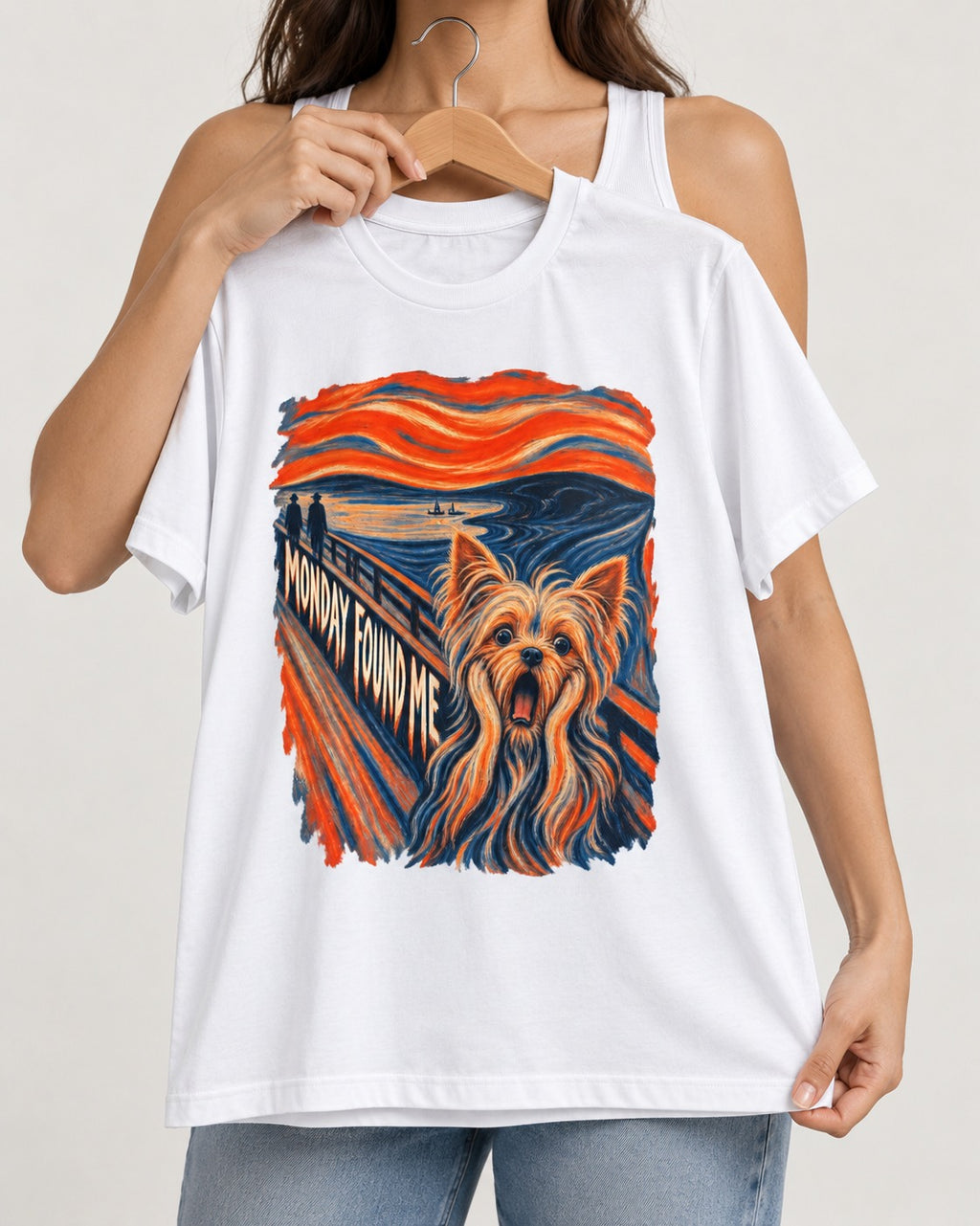 Yorkshire Terrier Monday Found Me Scream Parody Graphic T-Shirt in White, held up on a hanger