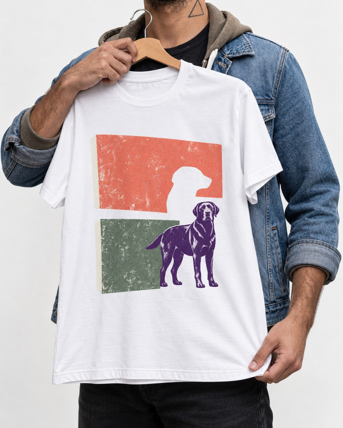 Labrador Retriever Field Test Brutalist Panels Graphic T-Shirt in White, held up on a hanger